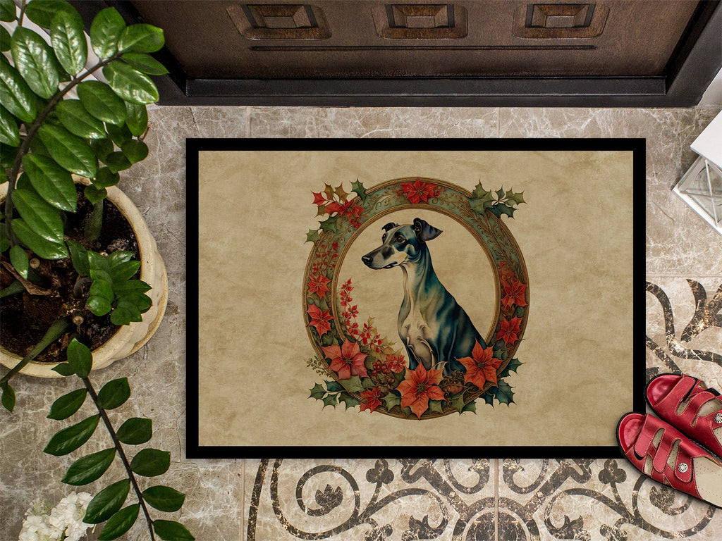 Greyhound Christmas Flowers Doormat Indoor Outdoor 24H X 36W Front Door Mat Rugs for Entryway, Non Slip Washable Low Pile,