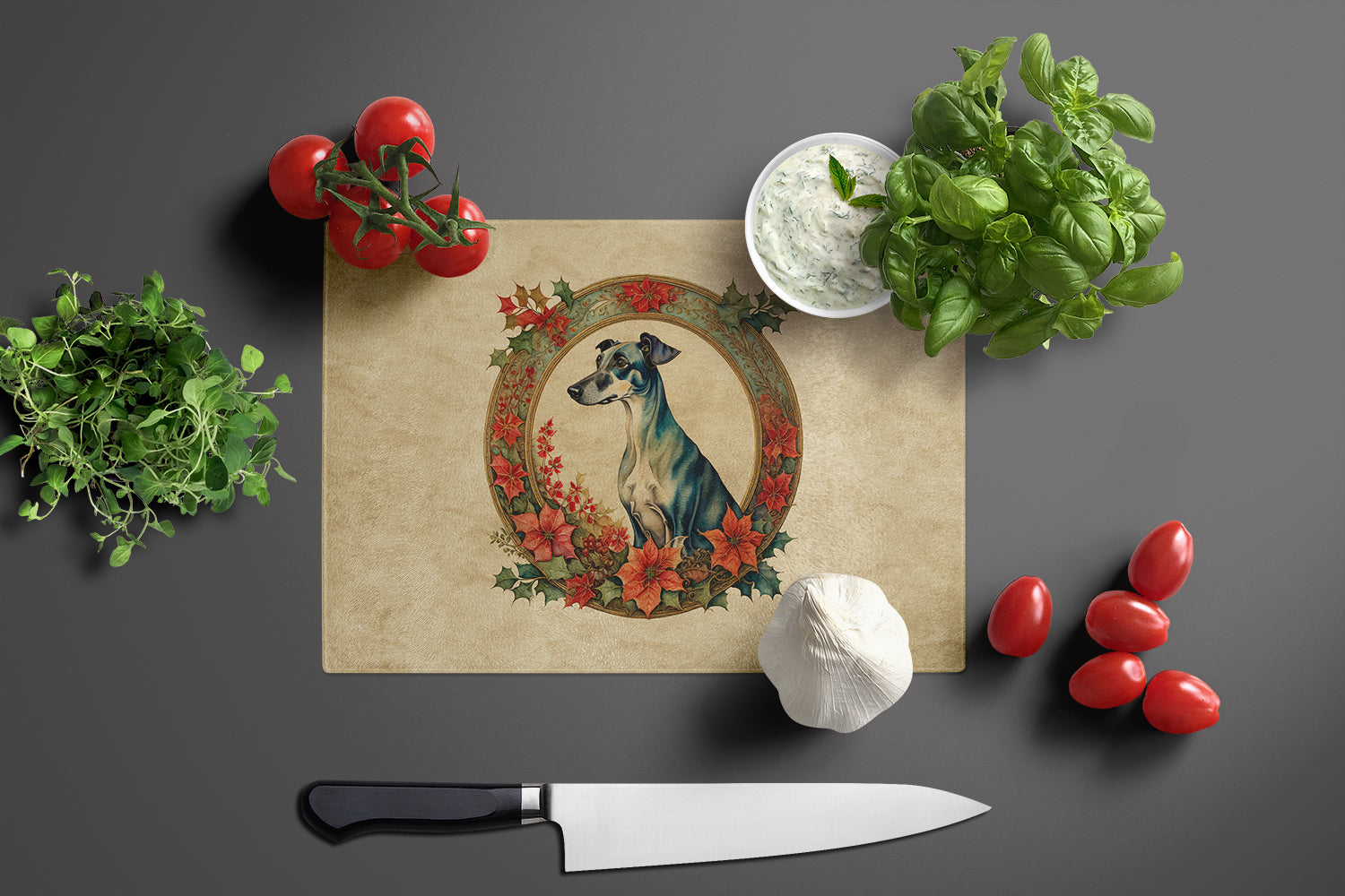 Greyhound Christmas Flowers Cutting Board Tempered Glass Kitchen Cutting Surface, Heat Resistant Chopping, Non-Slip Feet, Food Prep & Serving