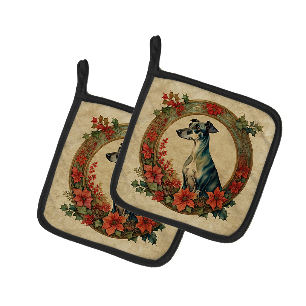 Greyhound Christmas Flowers Pot Holder Set of 2 Heat Resistant Quilted Hot Pads 7.5 x 7.5 Inch, Insulated Kitchen Trivets for Cooking & Baking