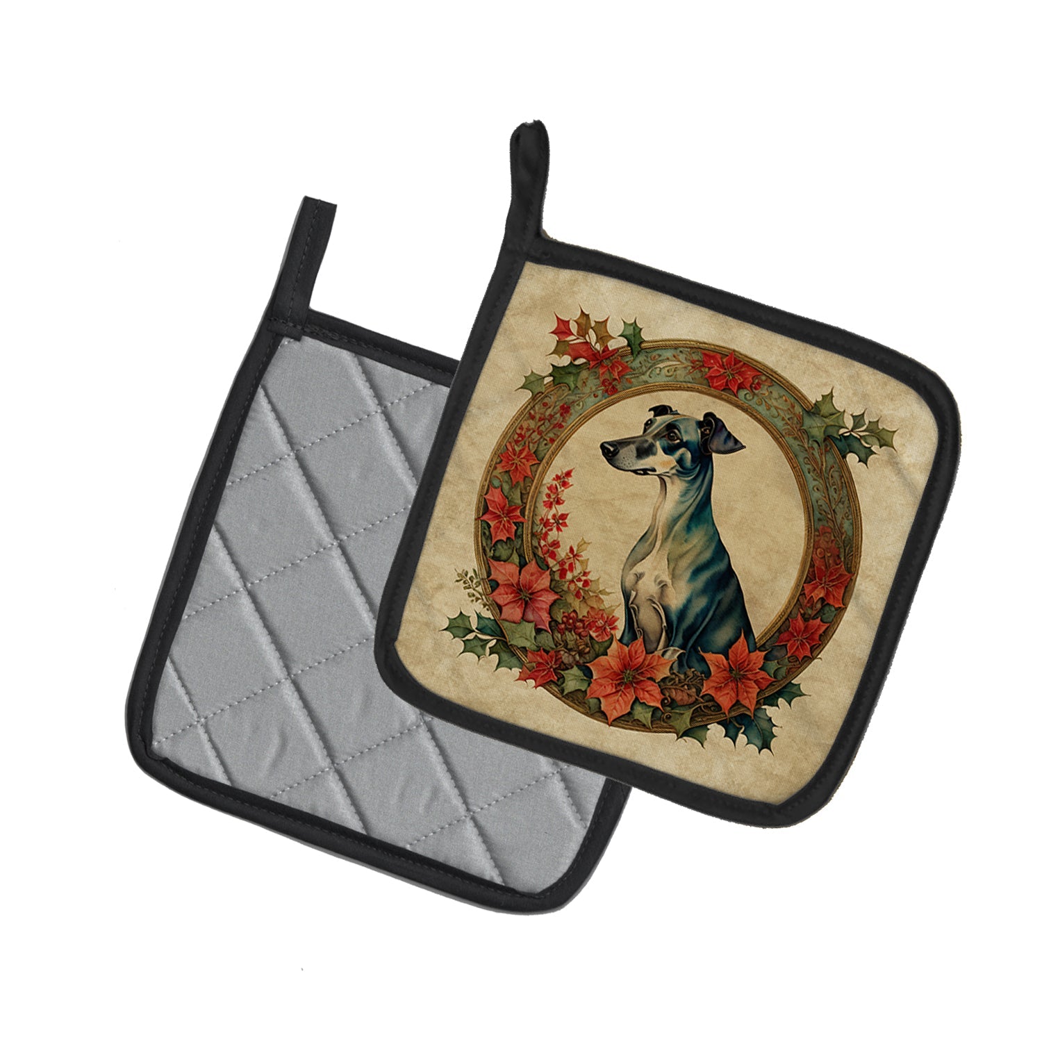 Greyhound Christmas Flowers Pot Holder Set of 2 Heat Resistant Quilted Hot Pads 7.5 x 7.5 Inch, Insulated Kitchen Trivets for Cooking & Baking