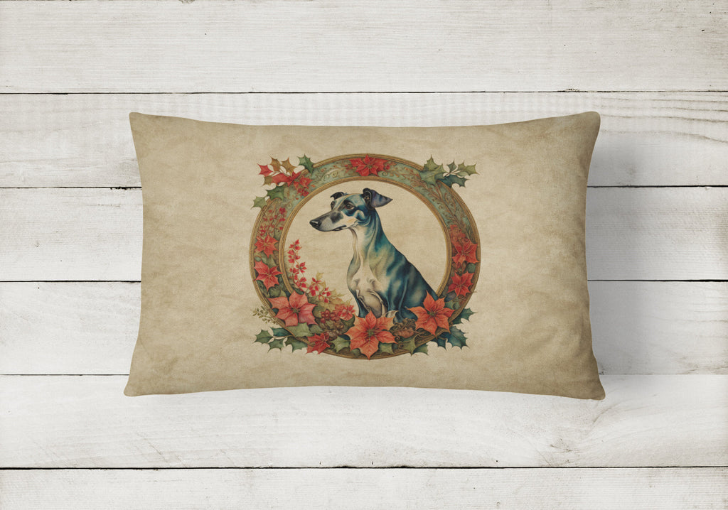Greyhound Christmas Flowers Decorative Throw Pillow 12x16 Indoor Outdoor Accent Cushion, Fabric Cover with Insert for Sofa, Bed, Porch & Living Room