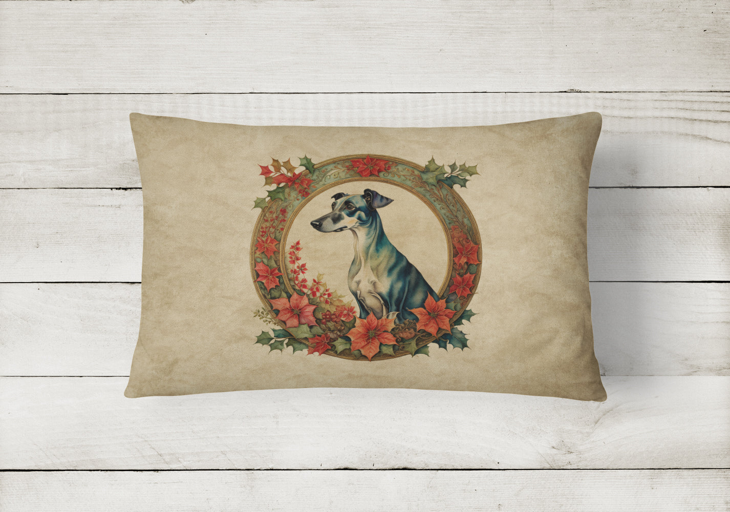 Greyhound Christmas Flowers Decorative Throw Pillow 12x16 Indoor Outdoor Accent Cushion, Fabric Cover with Insert for Sofa, Bed, Porch & Living Room