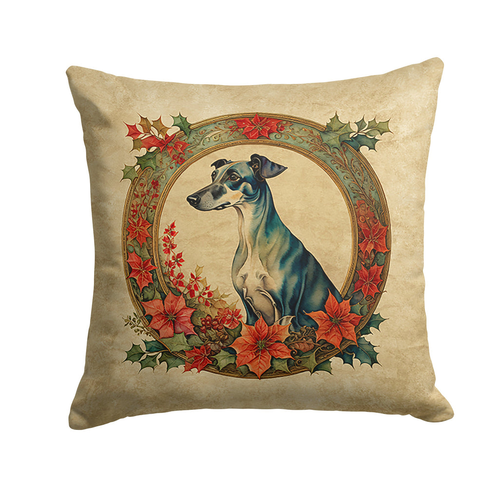 Greyhound Christmas Flowers Decorative Throw Pillow 14x14 Indoor Outdoor Accent Cushion, Fabric Cover with Insert for Sofa, Bed, Porch & Living Room