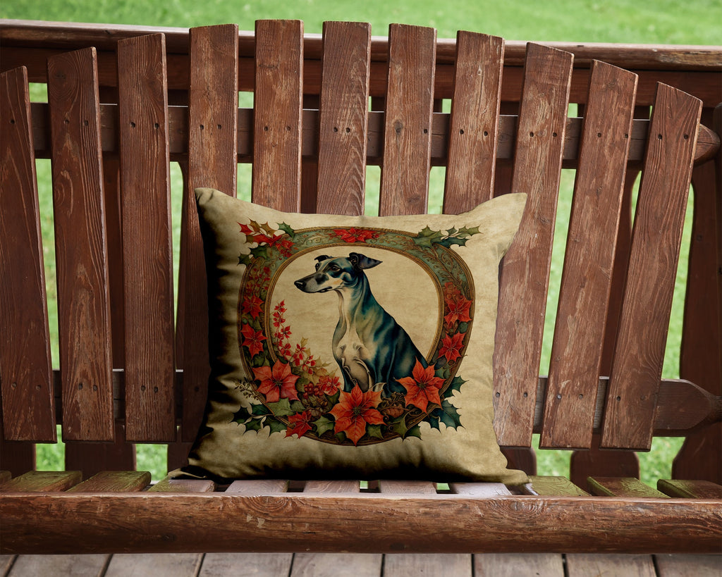 Greyhound Christmas Flowers Decorative Throw Pillow 14x14 Indoor Outdoor Accent Cushion, Fabric Cover with Insert for Sofa, Bed, Porch & Living Room