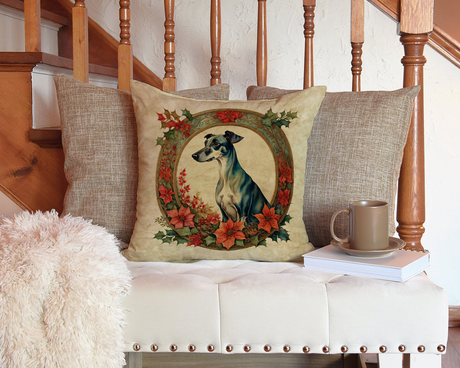 Greyhound Christmas Flowers Decorative Throw Pillow 14x14 Indoor Outdoor Accent Cushion, Fabric Cover with Insert for Sofa, Bed, Porch & Living Room