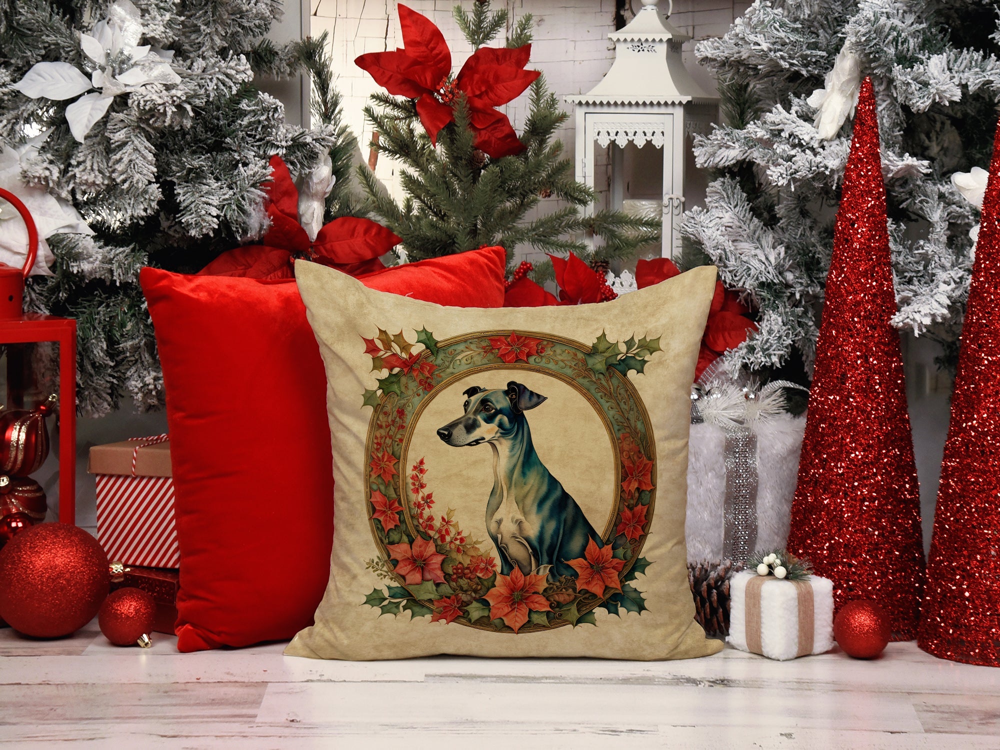 Greyhound Christmas Flowers Decorative Throw Pillow 18x18 Indoor Outdoor Accent Cushion, Fabric Cover with Insert for Sofa, Bed, Porch & Living Room
