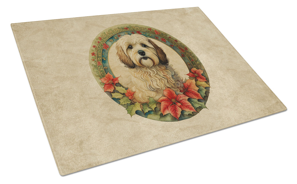 Havanese Christmas Flowers Cutting Board Tempered Glass Kitchen Cutting Surface, Heat Resistant Chopping, Non-Slip Feet, Food Prep & Serving