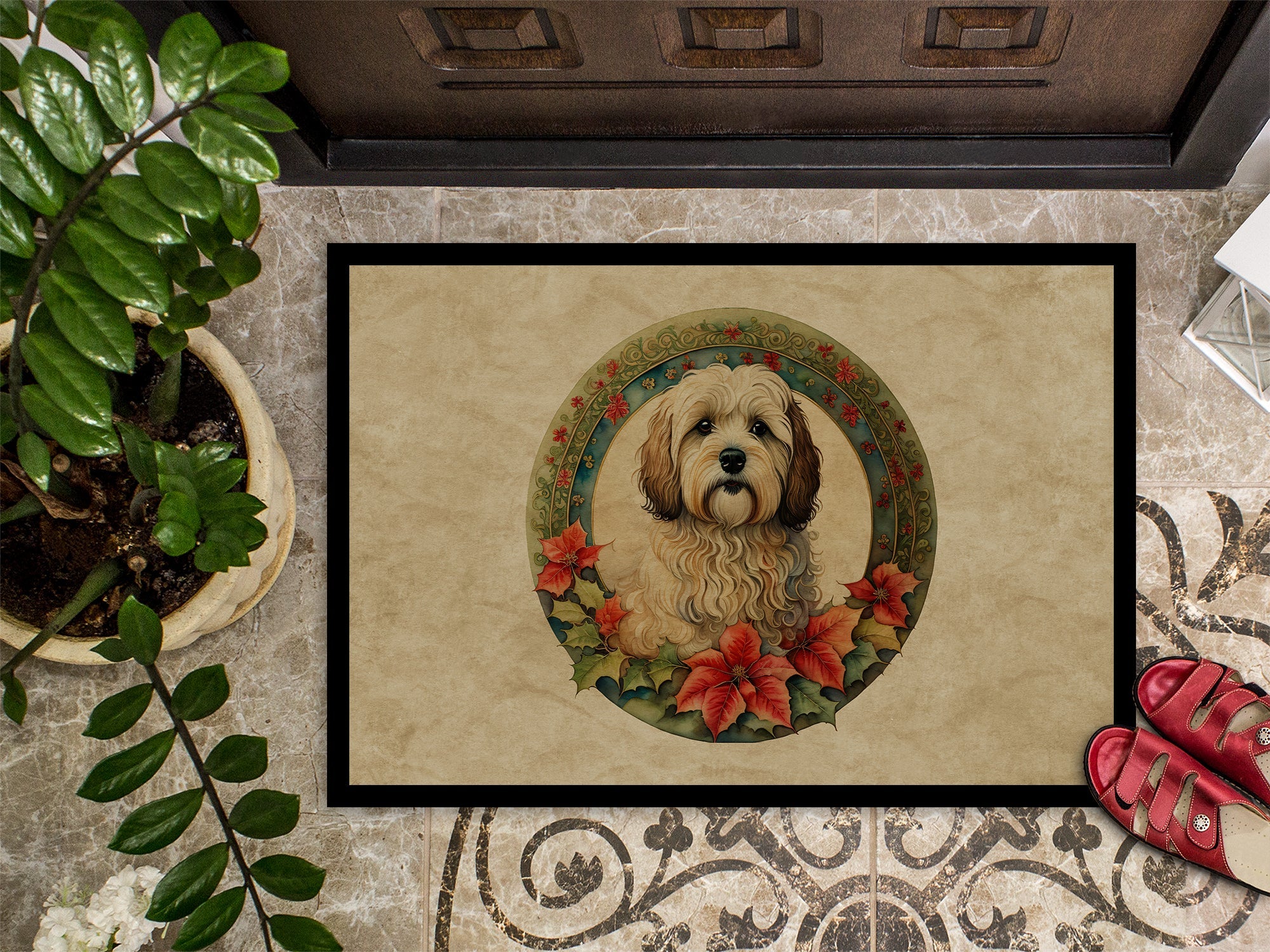 Havanese Christmas Flowers Doormat Indoor Outdoor 18H X 27W Front Door Mat Rugs for Entryway, Non Slip Washable