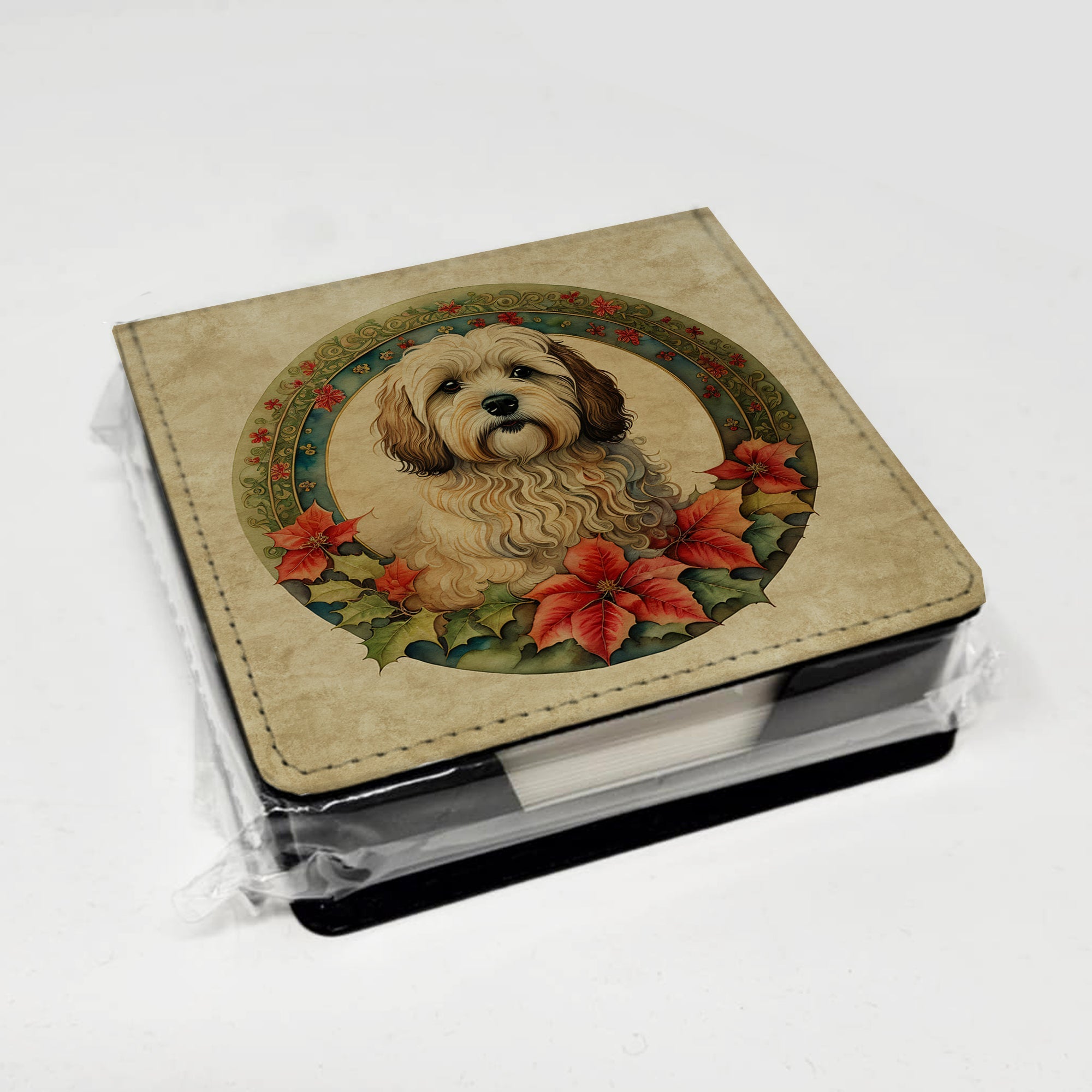 Havanese Christmas Flowers PU Leather Note Paper Holder with Artist-Designed Cover, Desk Accessory, Office Gift