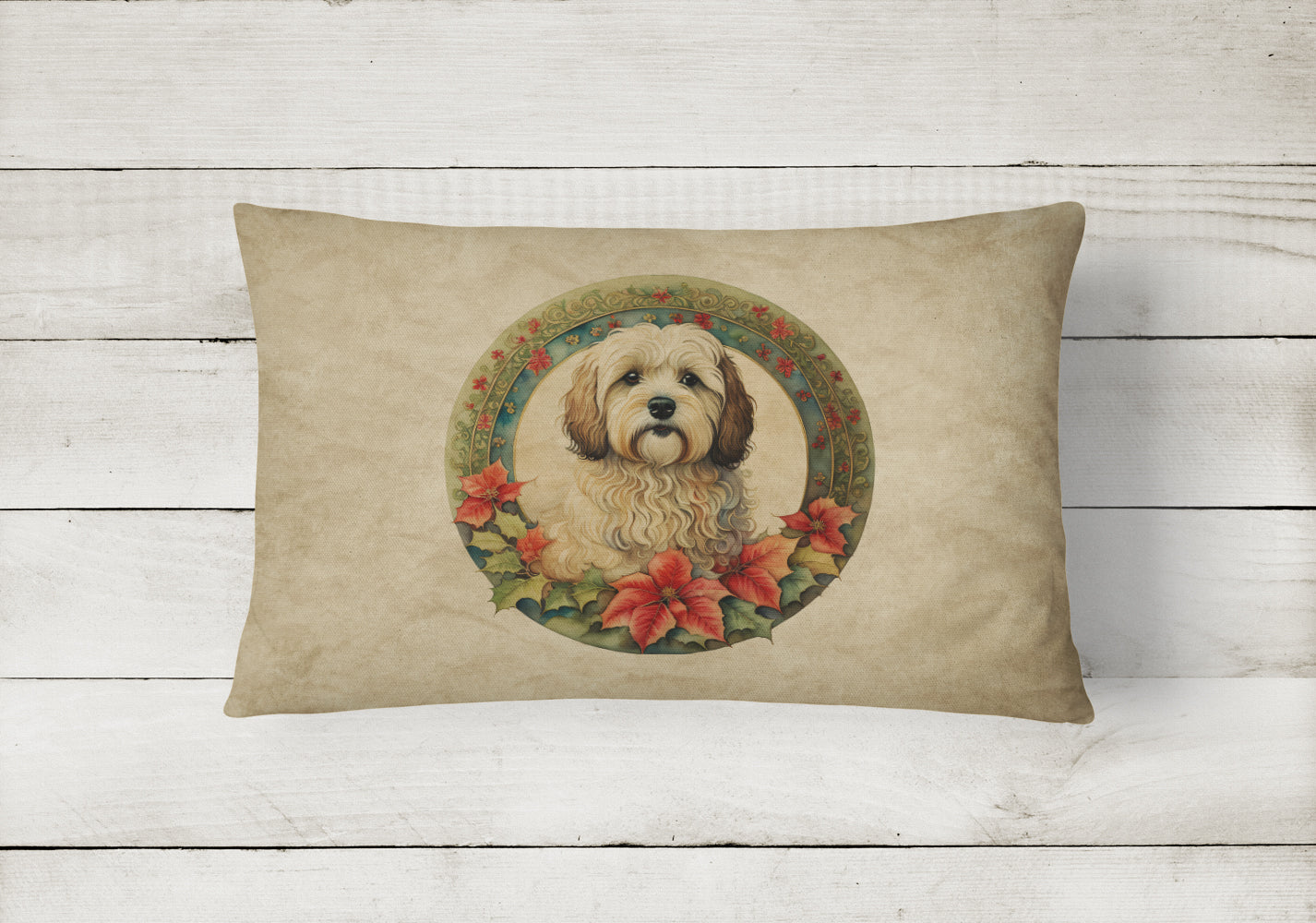 Havanese Christmas Flowers Decorative Throw Pillow 12x16 Indoor Outdoor Accent Cushion, Fabric Cover with Insert for Sofa, Bed, Porch & Living Room