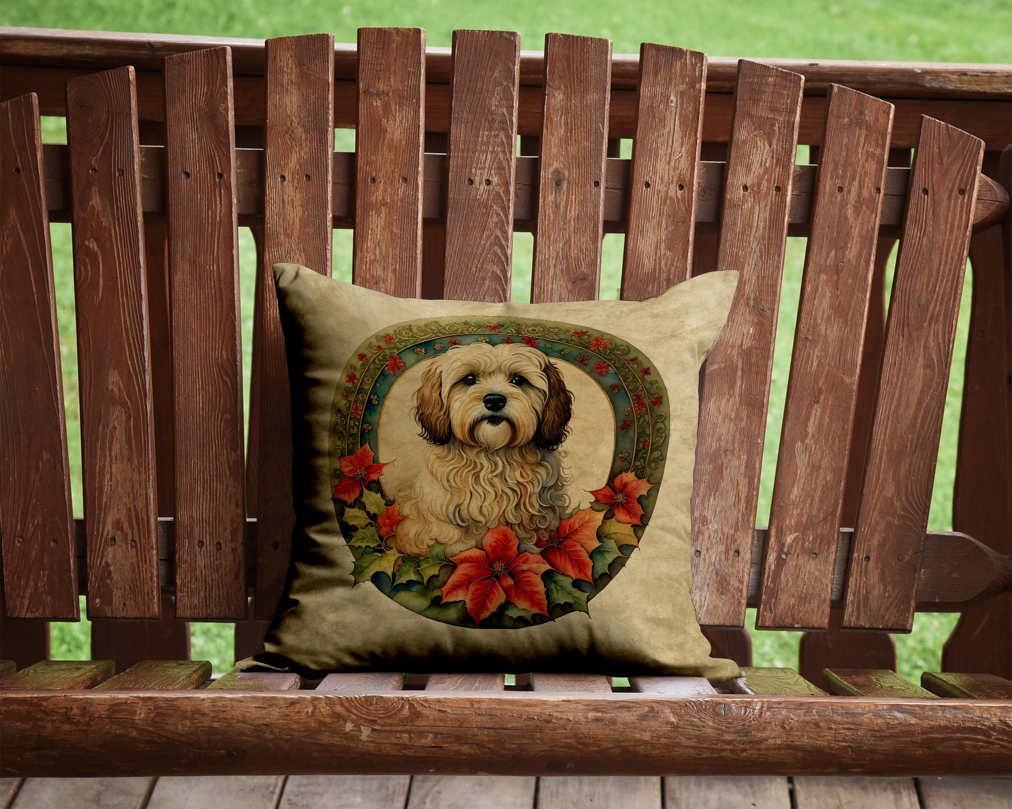 Havanese Christmas Flowers Decorative Throw Pillow 14x14 Indoor Outdoor Accent Cushion, Fabric Cover with Insert for Sofa, Bed, Porch & Living Room
