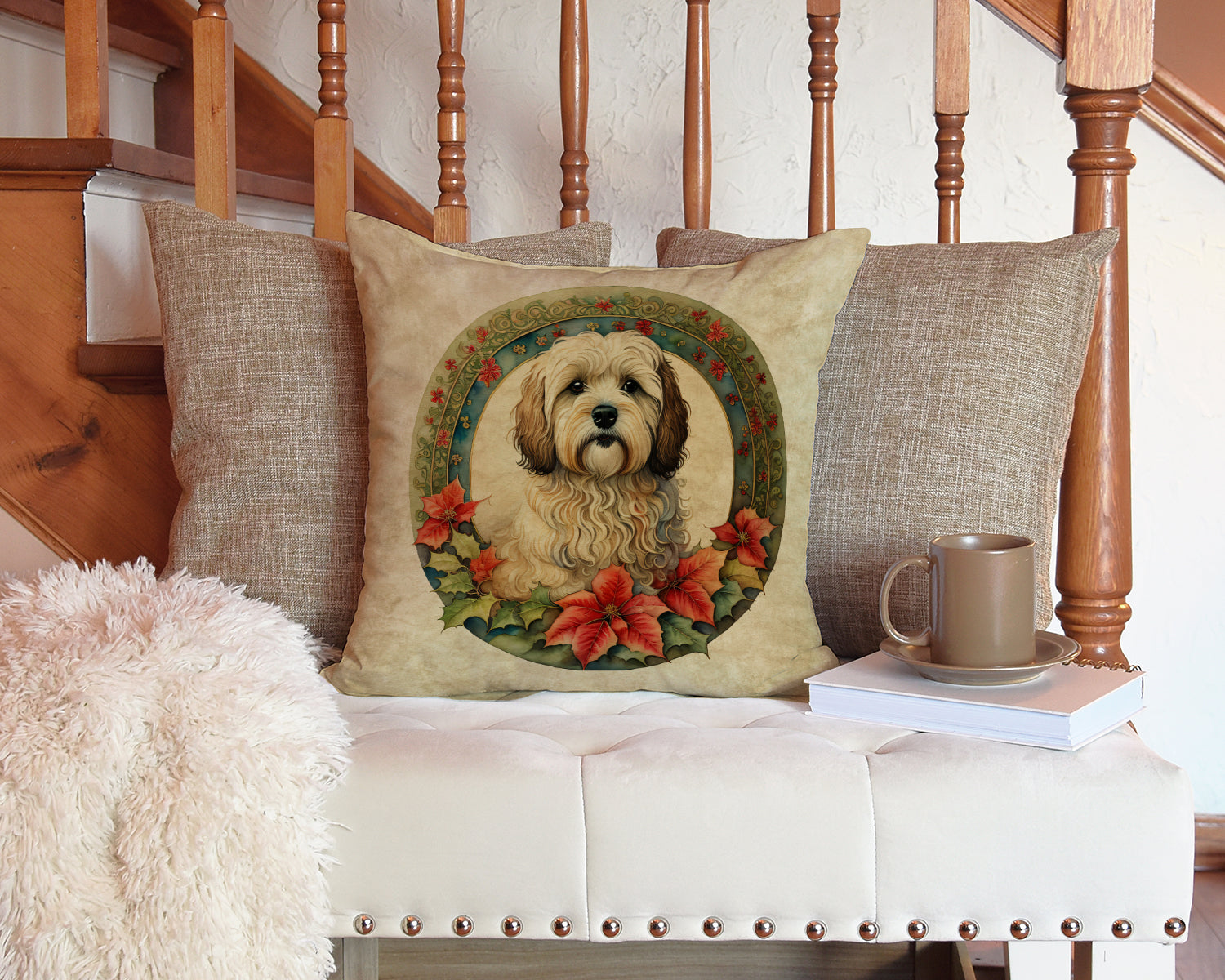 Havanese Christmas Flowers Decorative Throw Pillow 14x14 Indoor Outdoor Accent Cushion, Fabric Cover with Insert for Sofa, Bed, Porch & Living Room