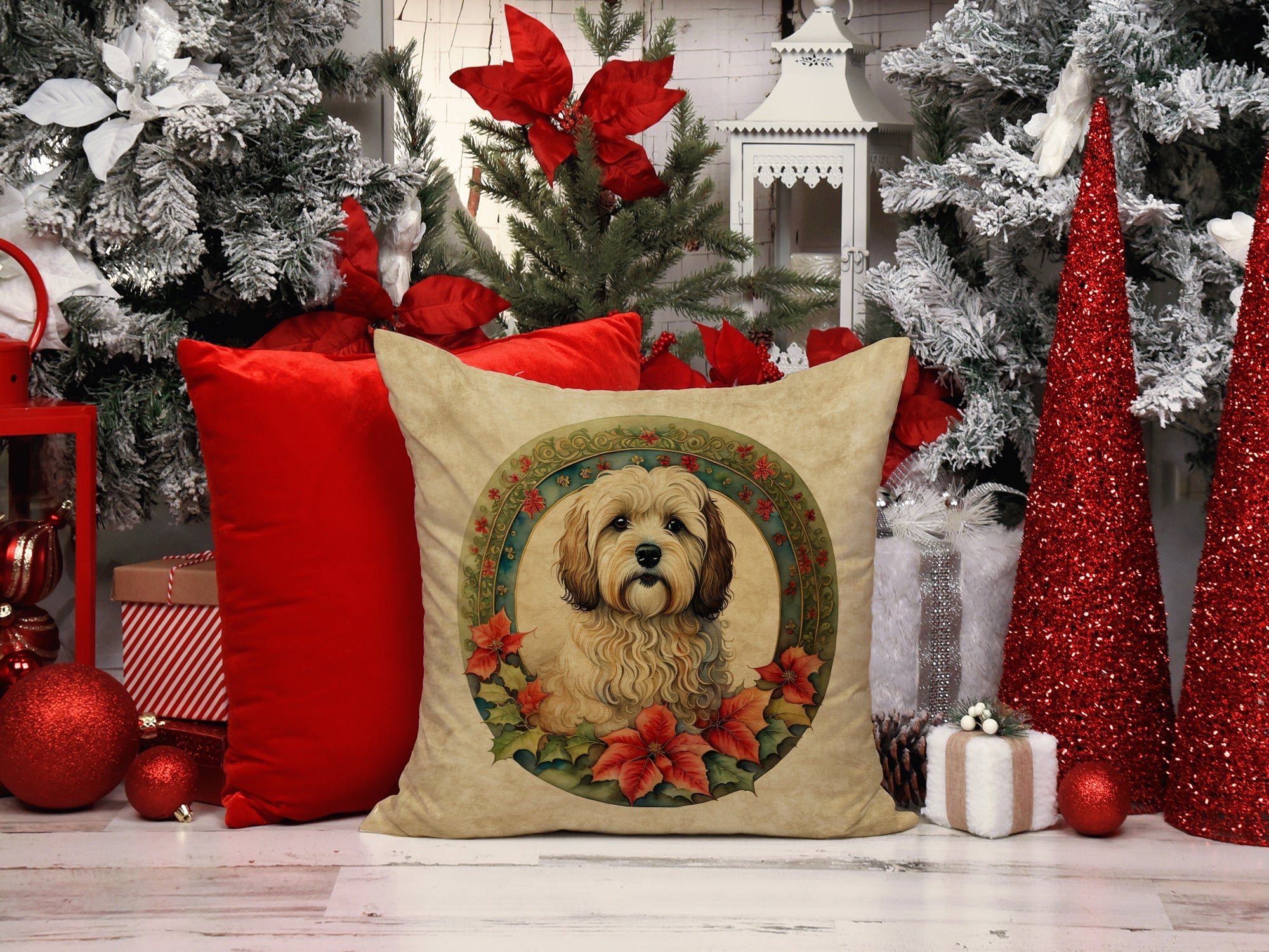 Havanese Christmas Flowers Decorative Throw Pillow 18x18 Indoor Outdoor Accent Cushion, Fabric Cover with Insert for Sofa, Bed, Porch & Living Room