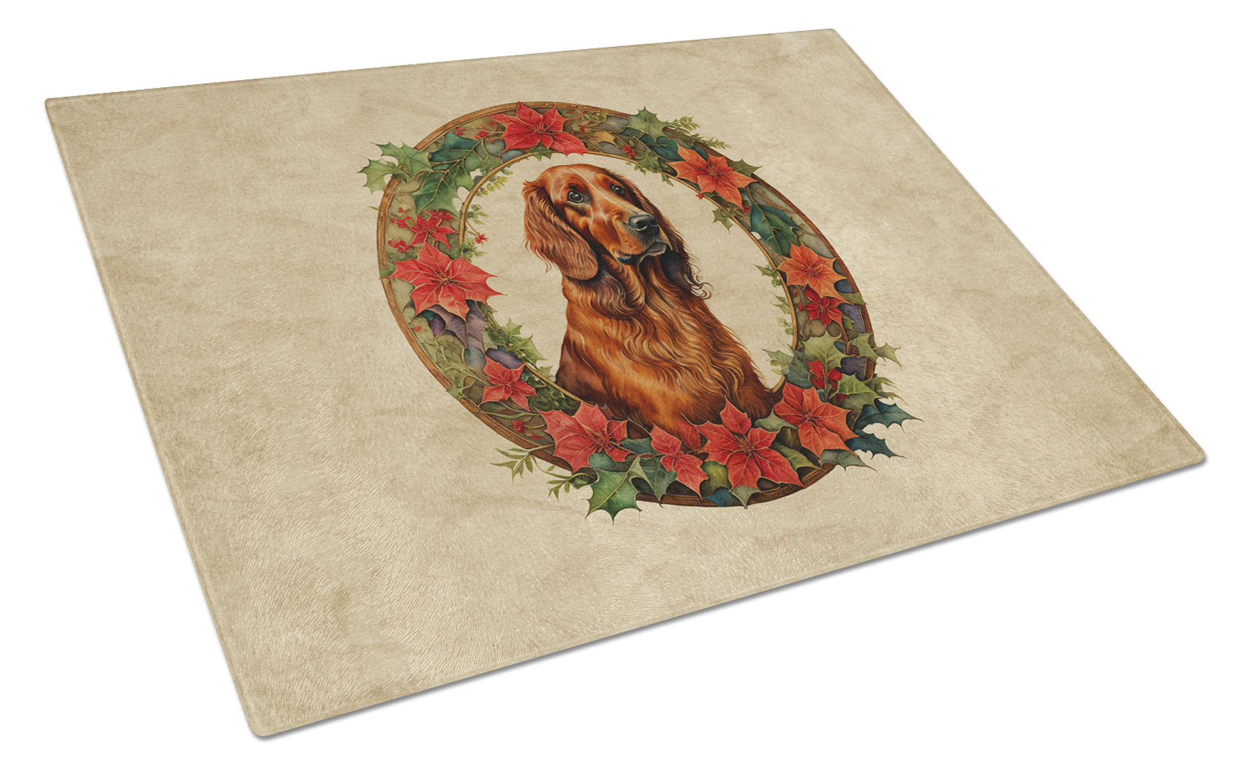 Irish Setter Christmas Flowers Cutting Board Tempered Glass Kitchen Cutting Surface, Heat Resistant Chopping, Non-Slip Feet, Food Prep & Serving