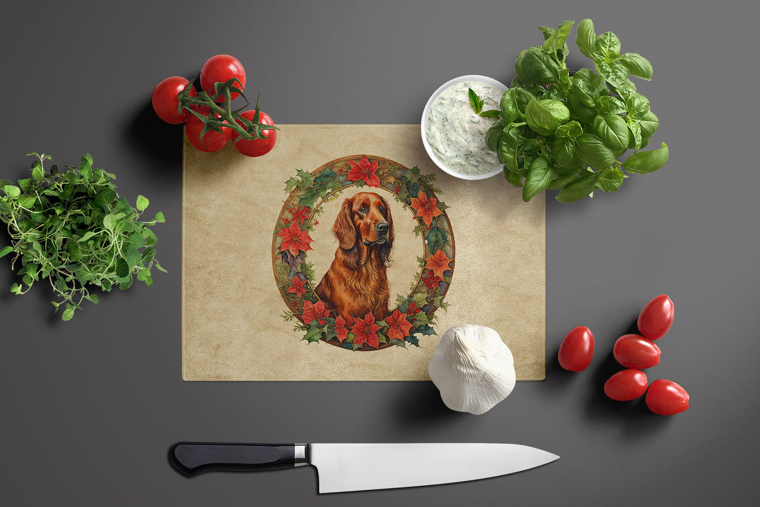 Irish Setter Christmas Flowers Cutting Board Tempered Glass Kitchen Cutting Surface, Heat Resistant Chopping, Non-Slip Feet, Food Prep & Serving