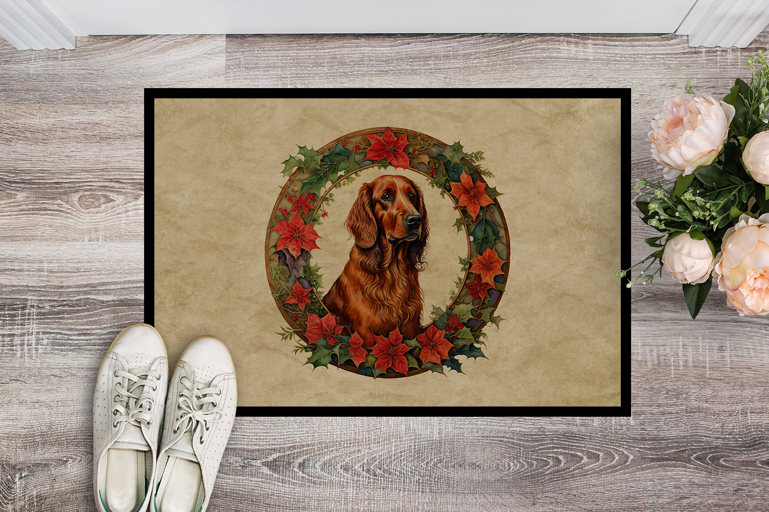 Irish Setter Christmas Flowers Doormat Indoor Outdoor 18H X 27W Front Door Mat Rugs for Entryway, Non Slip Washable