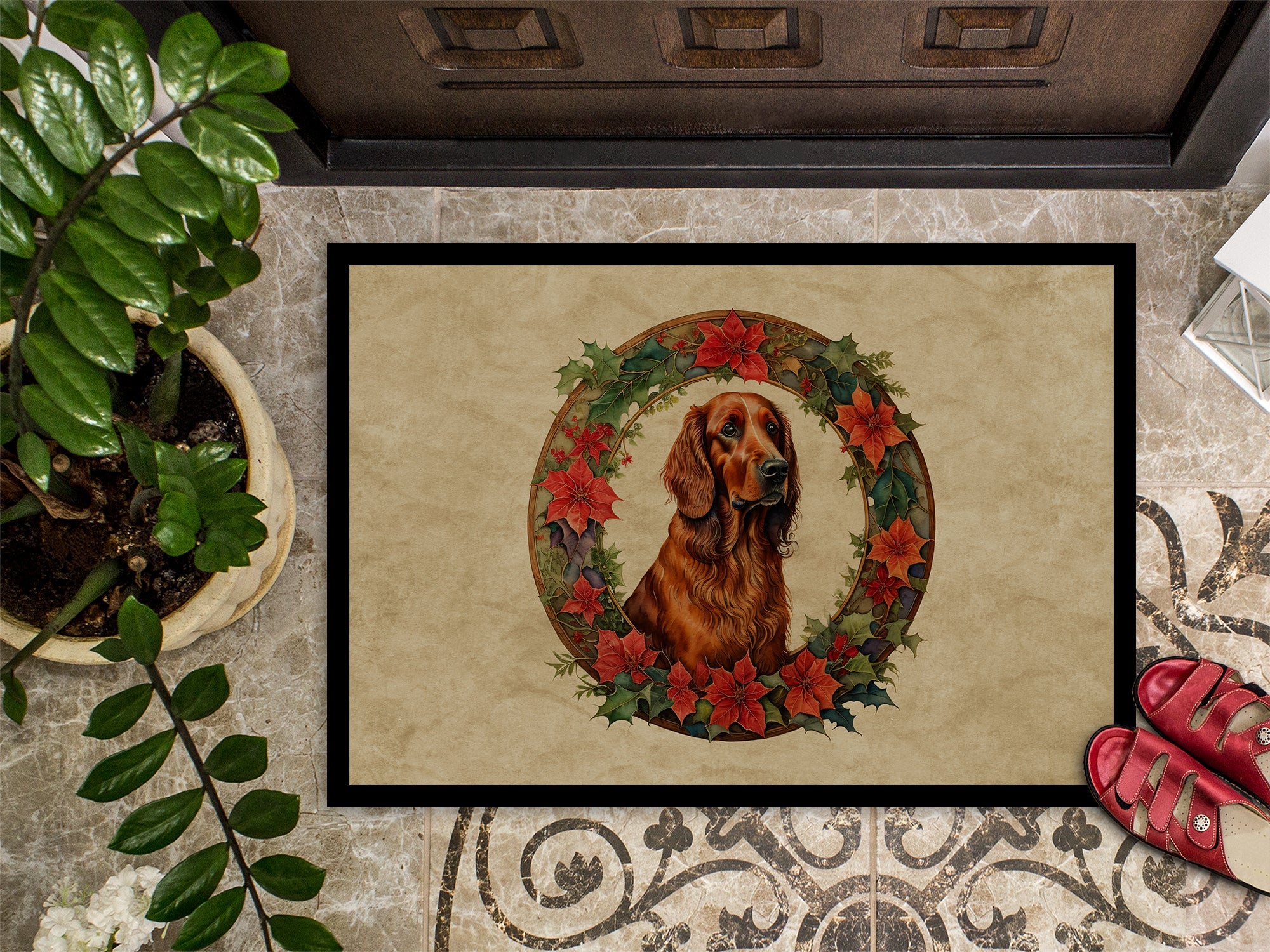 Irish Setter Christmas Flowers Doormat Indoor Outdoor 18H X 27W Front Door Mat Rugs for Entryway, Non Slip Washable
