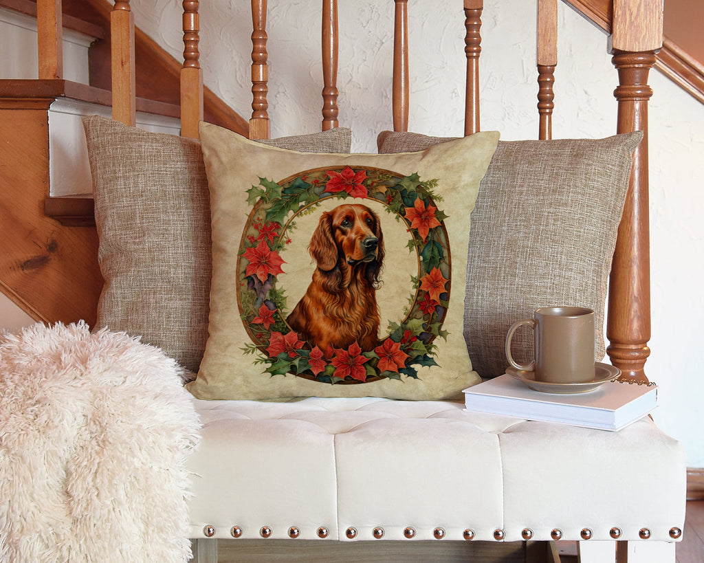 Irish Setter Christmas Flowers Decorative Throw Pillow 14x14 Indoor Outdoor Accent Cushion, Fabric Cover with Insert for Sofa, Bed, Porch & Living Room