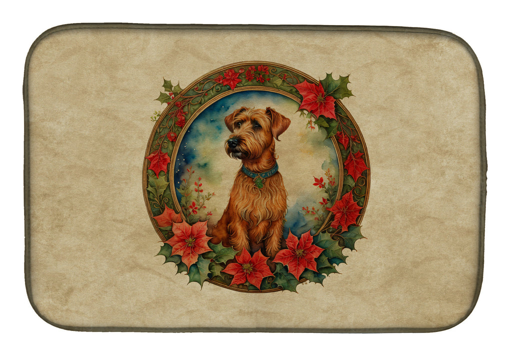 Irish Terrier Christmas Flowers Dish Drying Mat Absorbent Dish Drying Mat Pad for Kitchen Counter Dish Drainer Mat for Countertop, 14 x 21", Multicolor
