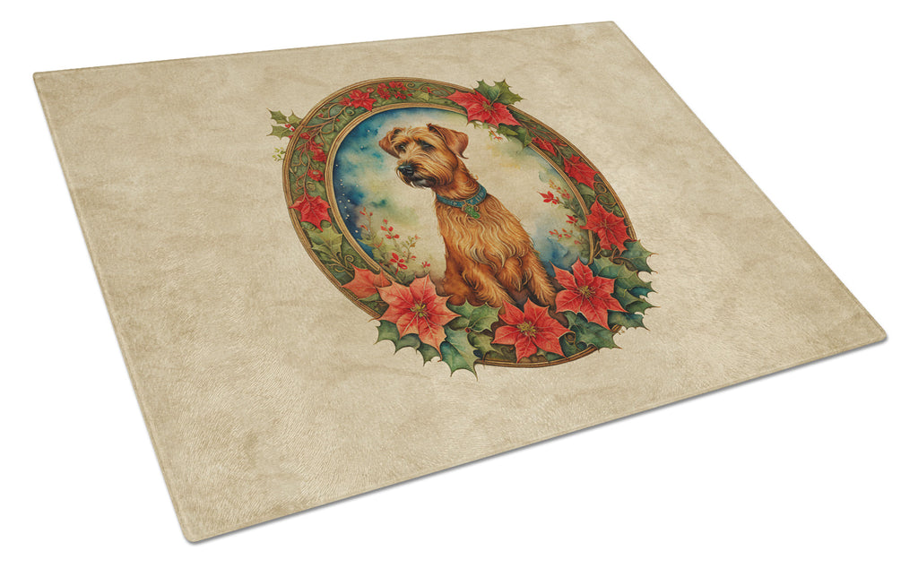 Irish Terrier Christmas Flowers Cutting Board Tempered Glass Kitchen Cutting Surface, Heat Resistant Chopping, Non-Slip Feet, Food Prep & Serving