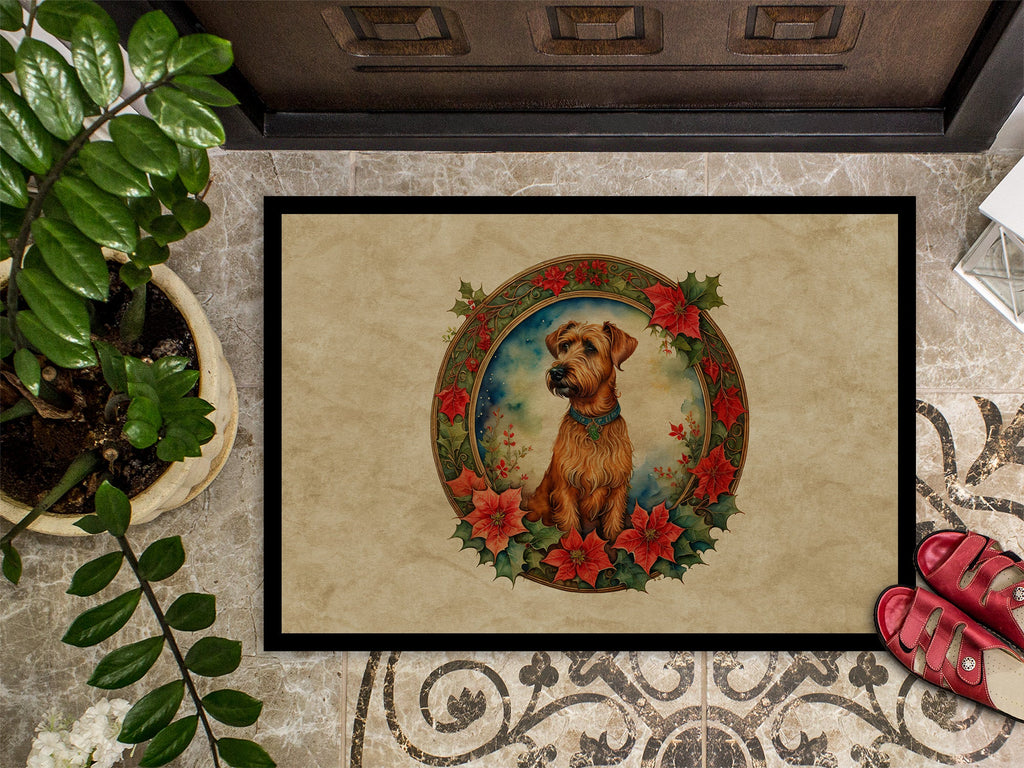 Irish Terrier Christmas Flowers Doormat Indoor Outdoor 18H X 27W Front Door Mat Rugs for Entryway, Non Slip Washable