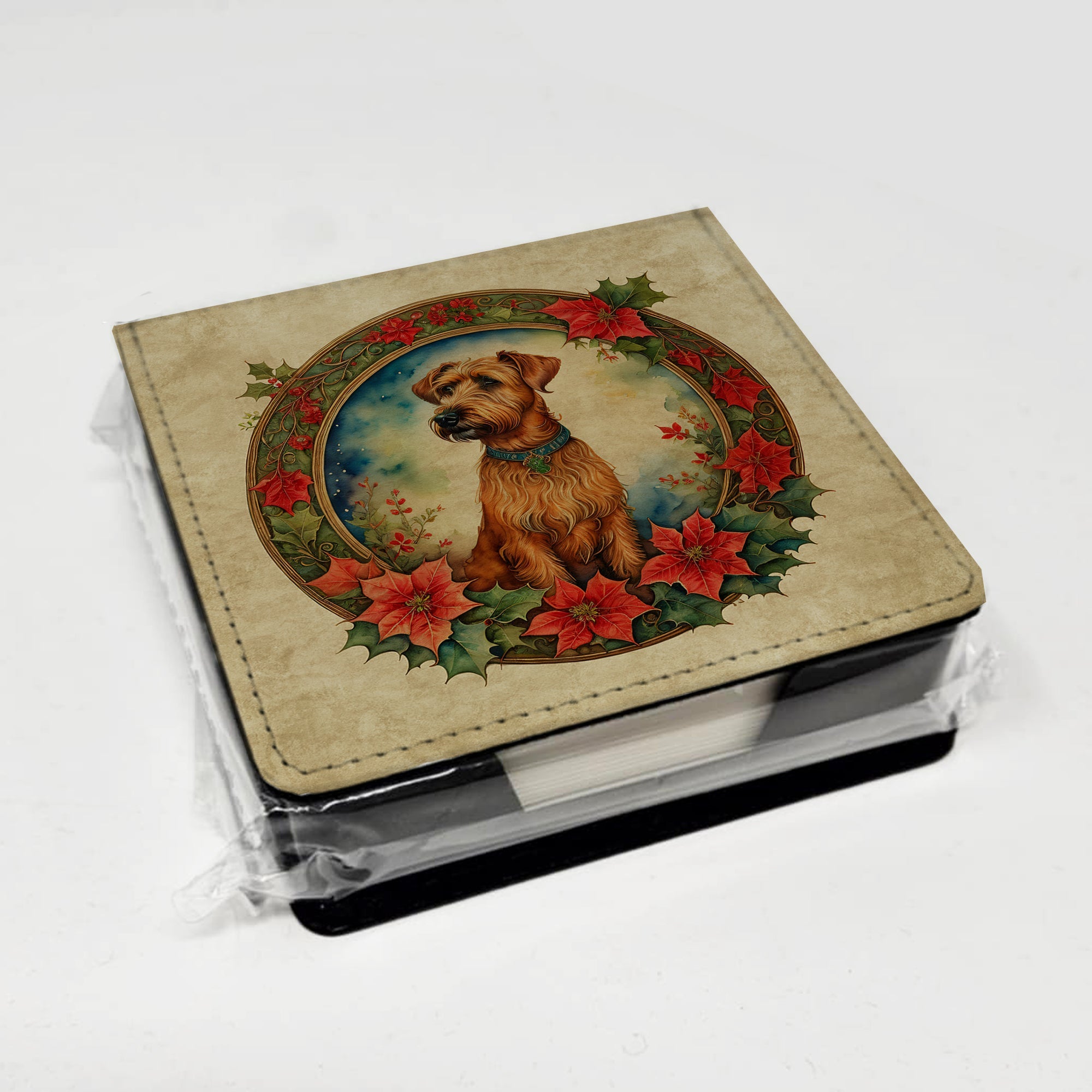 Irish Terrier Christmas Flowers PU Leather Note Paper Holder with Artist-Designed Cover, Desk Accessory, Office Gift