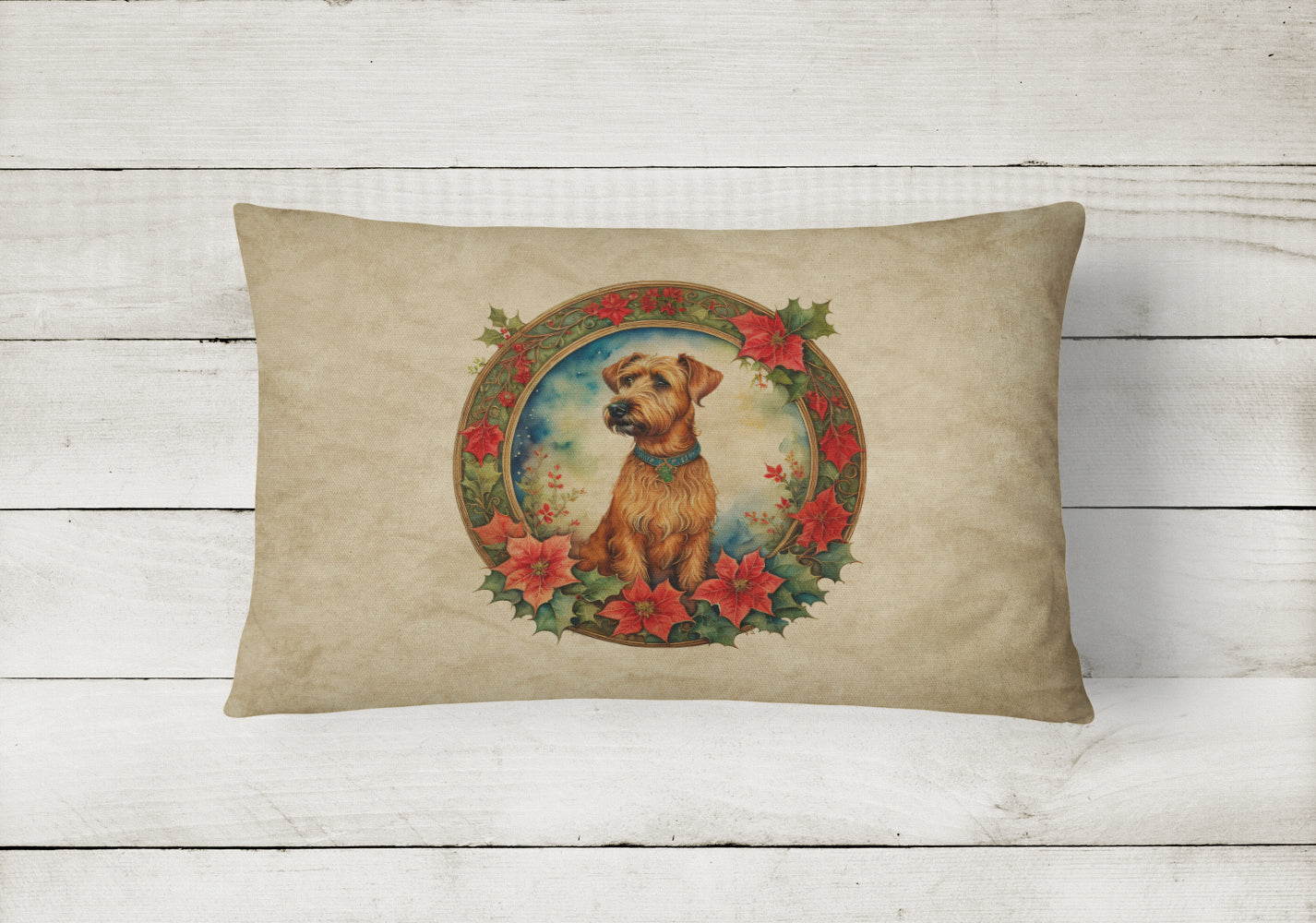 Irish Terrier Christmas Flowers Decorative Throw Pillow 12x16 Indoor Outdoor Accent Cushion, Fabric Cover with Insert for Sofa, Bed, Porch & Living Room
