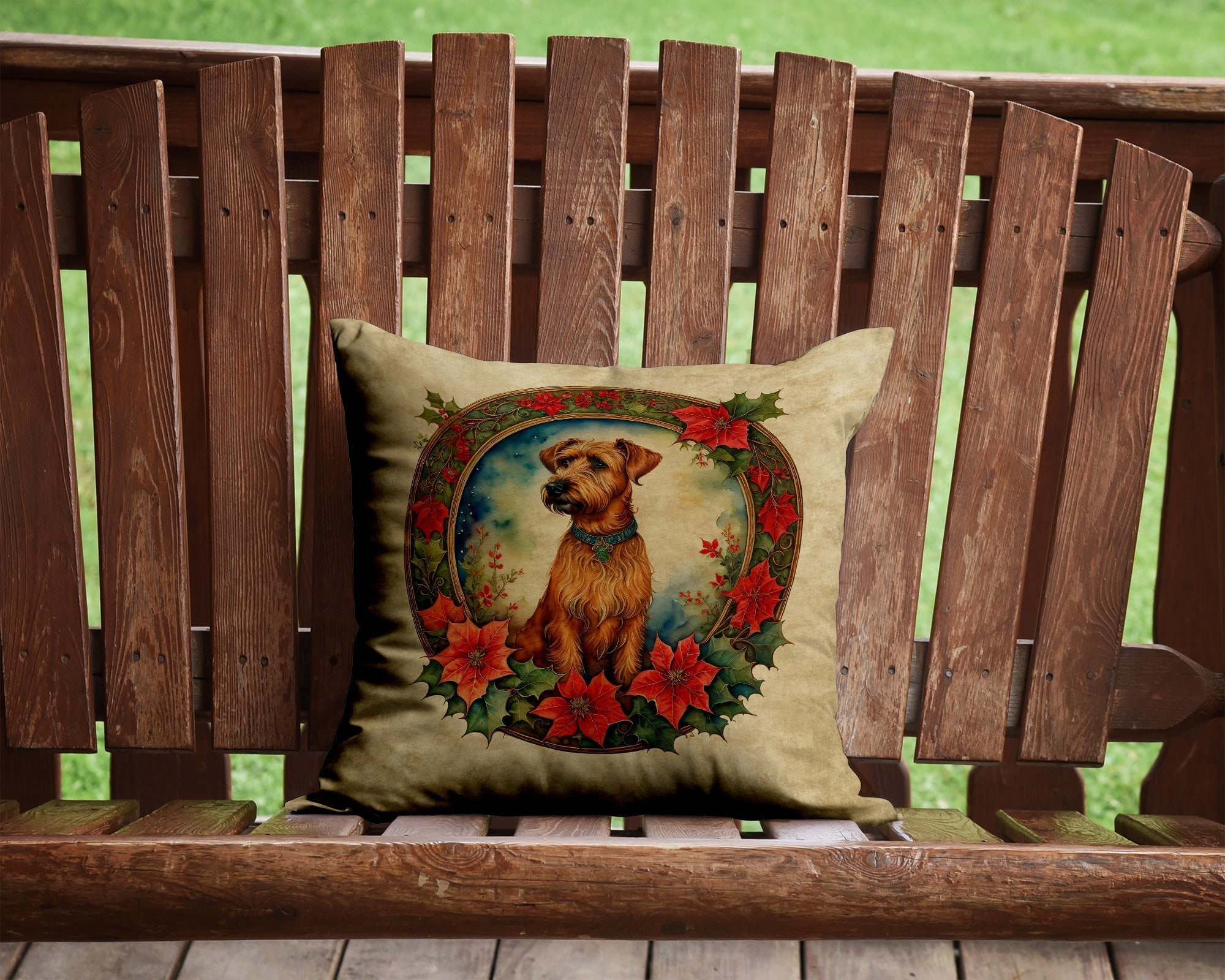 Irish Terrier Christmas Flowers Decorative Throw Pillow 14x14 Indoor Outdoor Accent Cushion, Fabric Cover with Insert for Sofa, Bed, Porch & Living Room