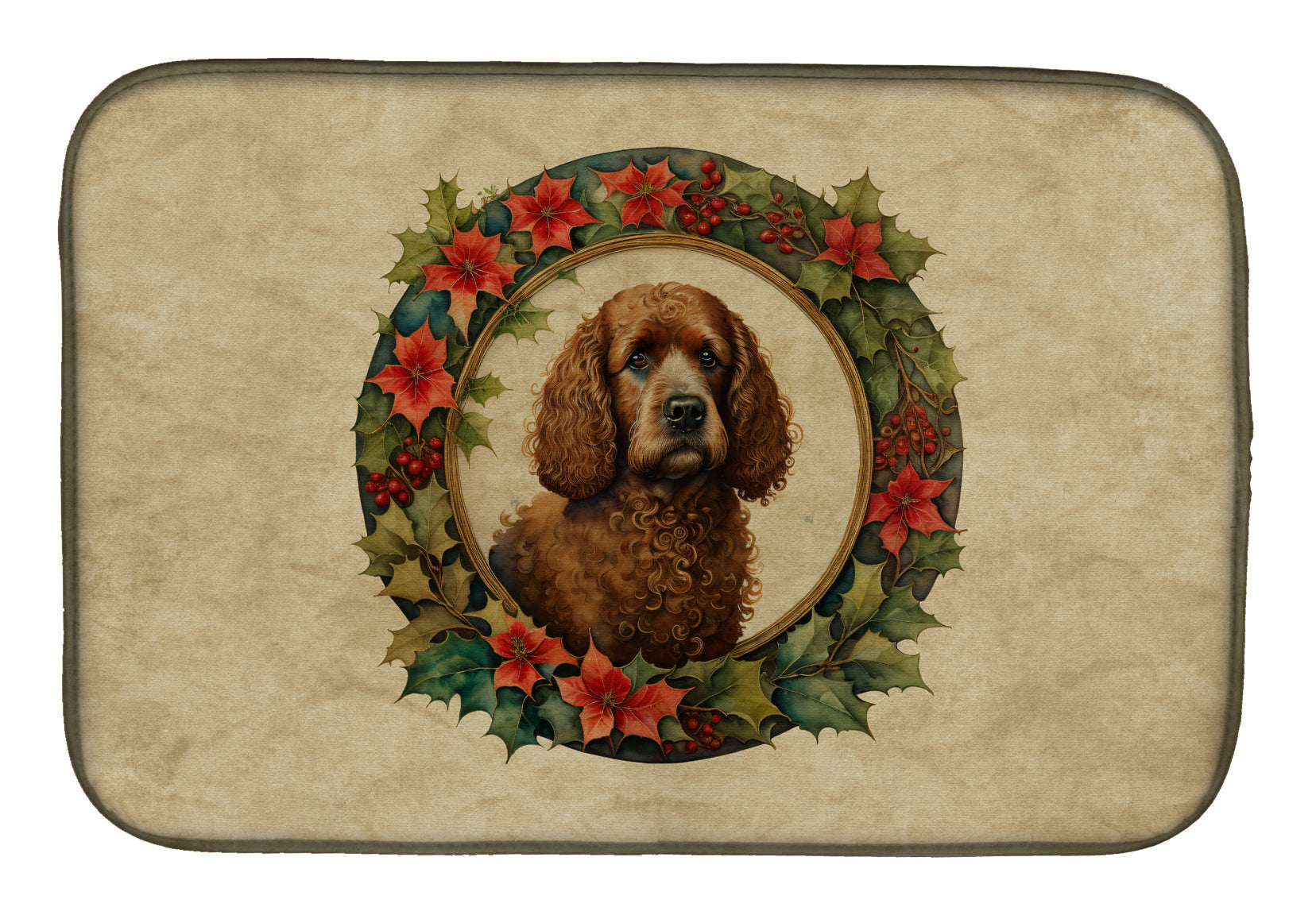 Irish Water Spaniel Christmas Flowers Dish Drying Mat Absorbent Dish Drying Mat Pad for Kitchen Counter Dish Drainer Mat for Countertop, 14 x 21", Multicolor