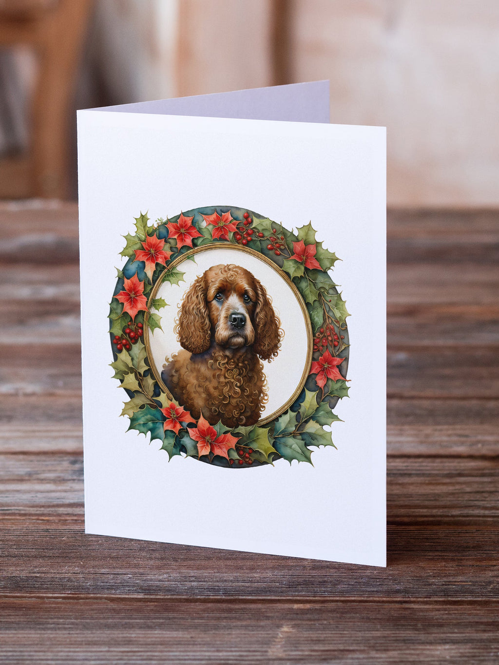 Irish Water Spaniel Christmas Flowers Greeting Cards Pack of 8 Blank Cards with Envelopes Whimsical A7 Size 5x7