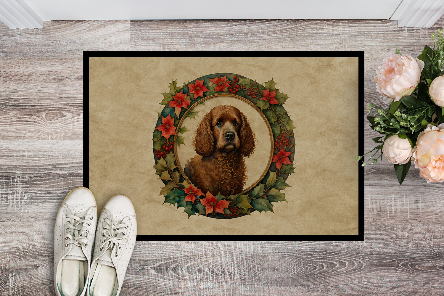 Irish Water Spaniel Christmas Flowers Doormat Indoor Outdoor 24H X 36W Front Door Mat Rugs for Entryway, Non Slip Washable Low Pile,