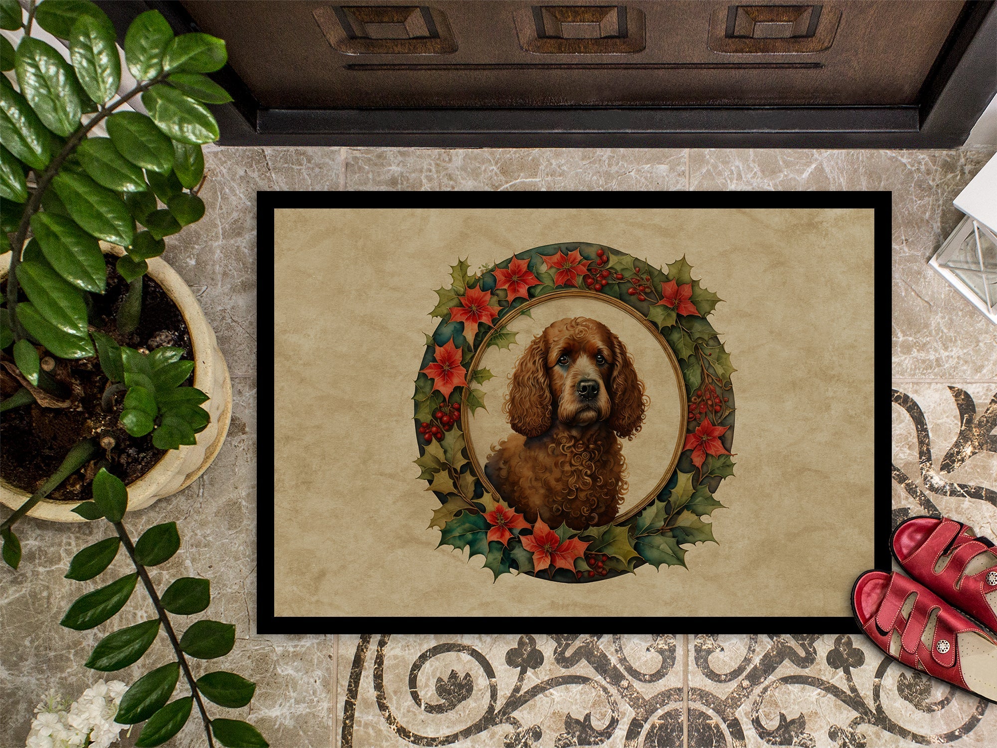 Irish Water Spaniel Christmas Flowers Doormat Indoor Outdoor 18H X 27W Front Door Mat Rugs for Entryway, Non Slip Washable