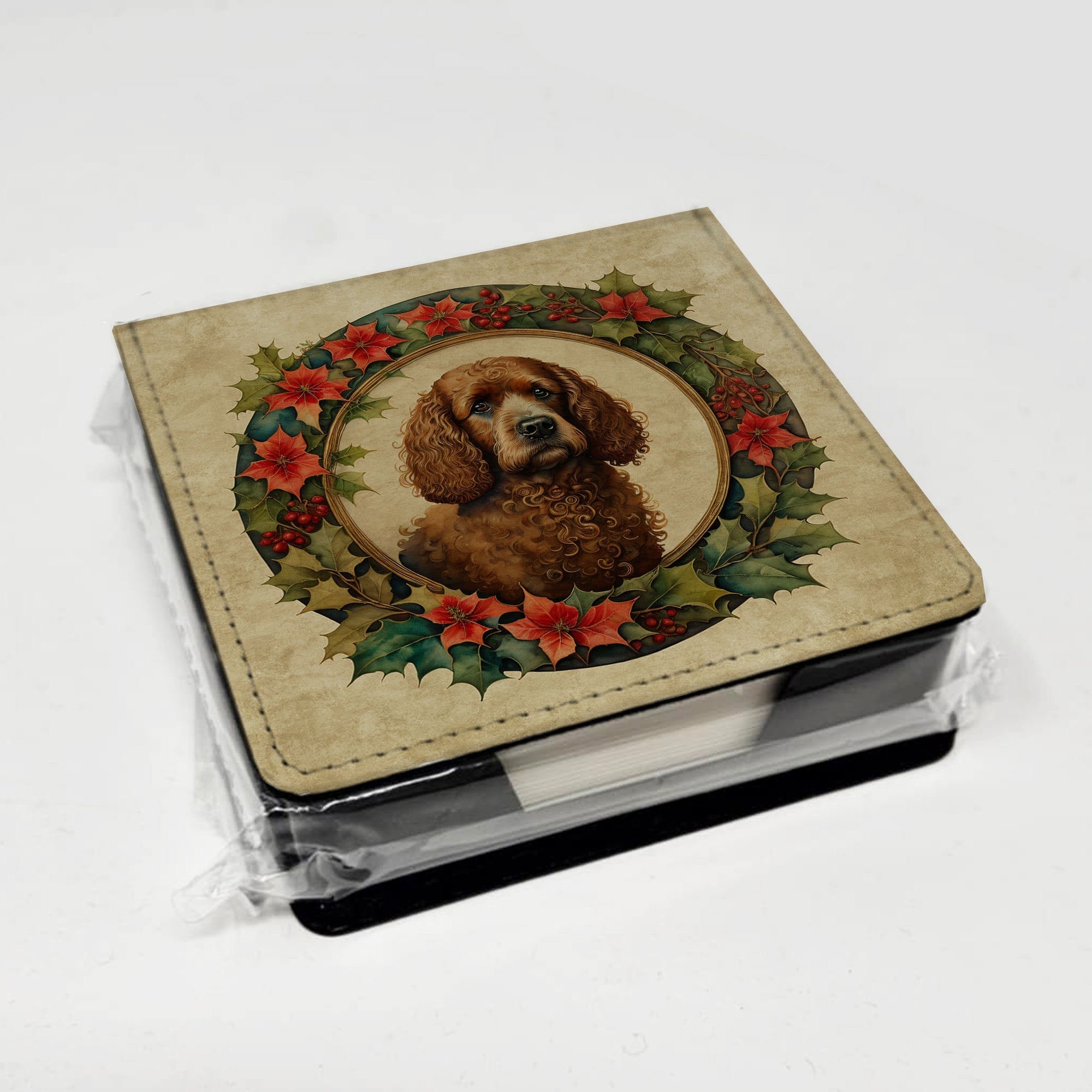 Irish Water Spaniel Christmas Flowers PU Leather Note Paper Holder with Artist-Designed Cover, Desk Accessory, Office Gift