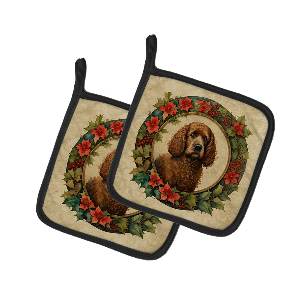 Irish Water Spaniel Christmas Flowers Pot Holder Set of 2 Heat Resistant Quilted Hot Pads 7.5 x 7.5 Inch, Insulated Kitchen Trivets for Cooking & Baking