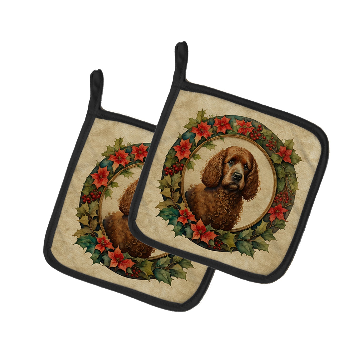 Irish Water Spaniel Christmas Flowers Pot Holder Set of 2 Heat Resistant Quilted Hot Pads 7.5 x 7.5 Inch, Insulated Kitchen Trivets for Cooking & Baking