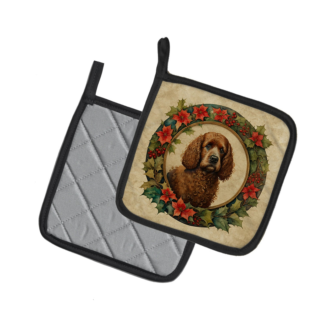 Irish Water Spaniel Christmas Flowers Pot Holder Set of 2 Heat Resistant Quilted Hot Pads 7.5 x 7.5 Inch, Insulated Kitchen Trivets for Cooking & Baking