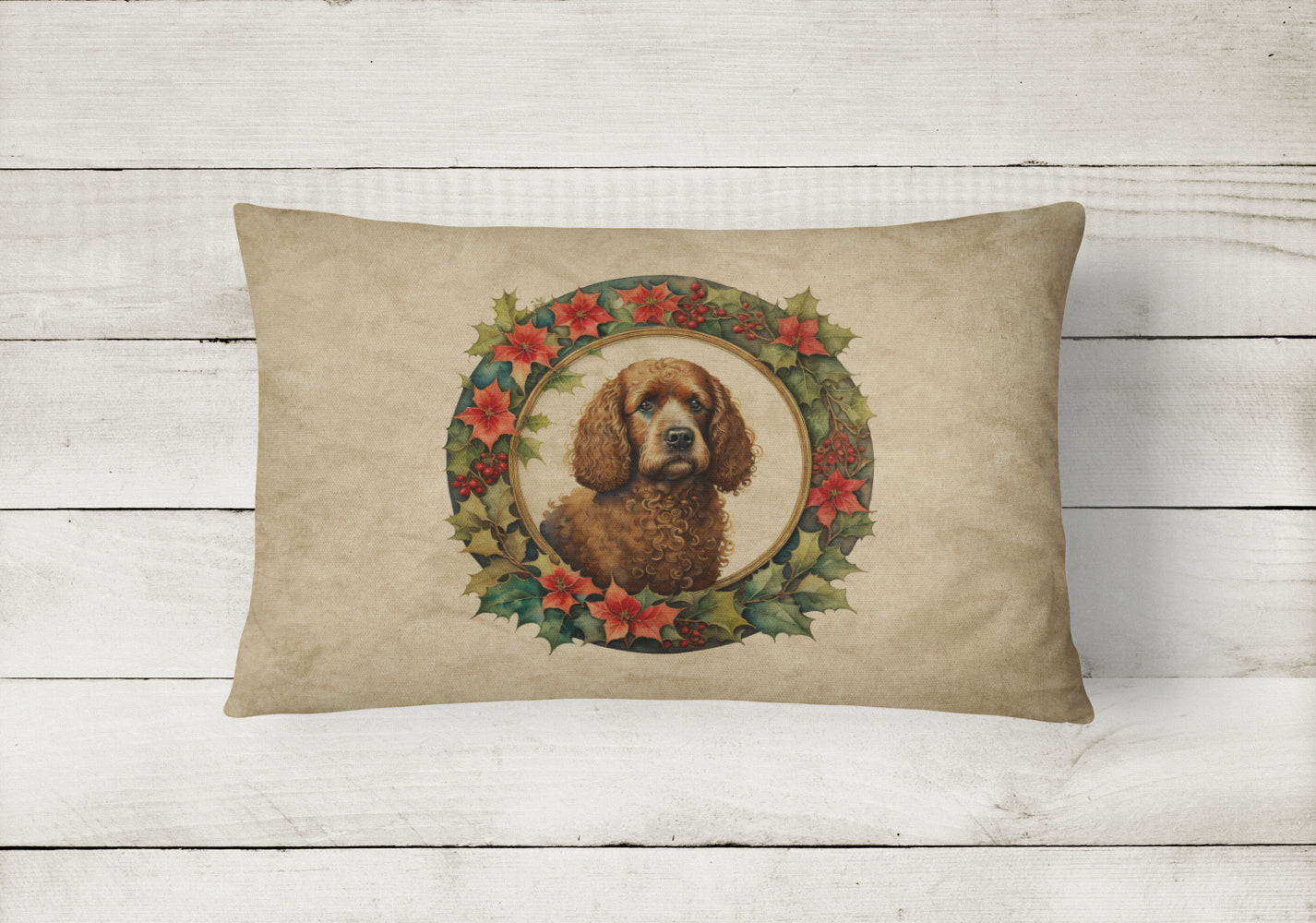 Irish Water Spaniel Christmas Flowers Decorative Throw Pillow 12x16 Indoor Outdoor Accent Cushion, Fabric Cover with Insert for Sofa, Bed, Porch & Living Room