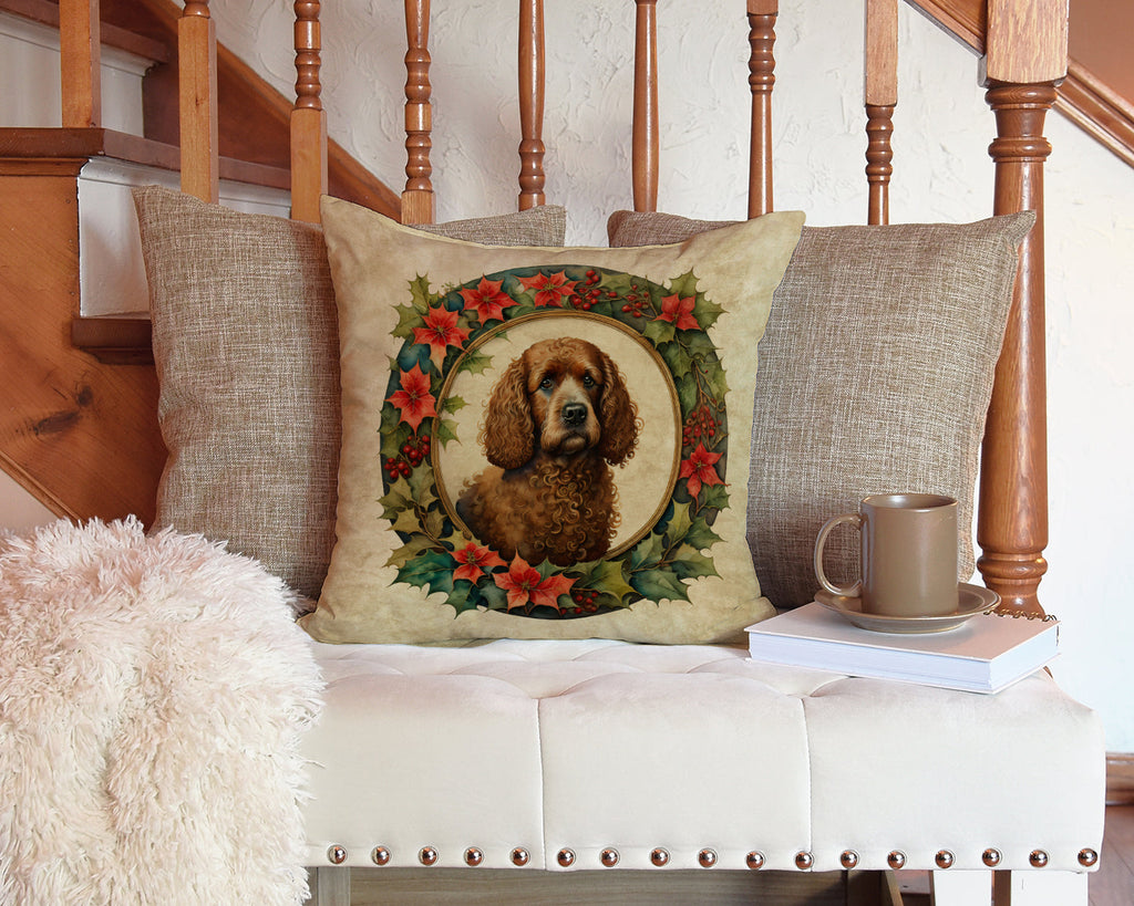 Irish Water Spaniel Christmas Flowers Decorative Throw Pillow 14x14 Indoor Outdoor Accent Cushion, Fabric Cover with Insert for Sofa, Bed, Porch & Living Room