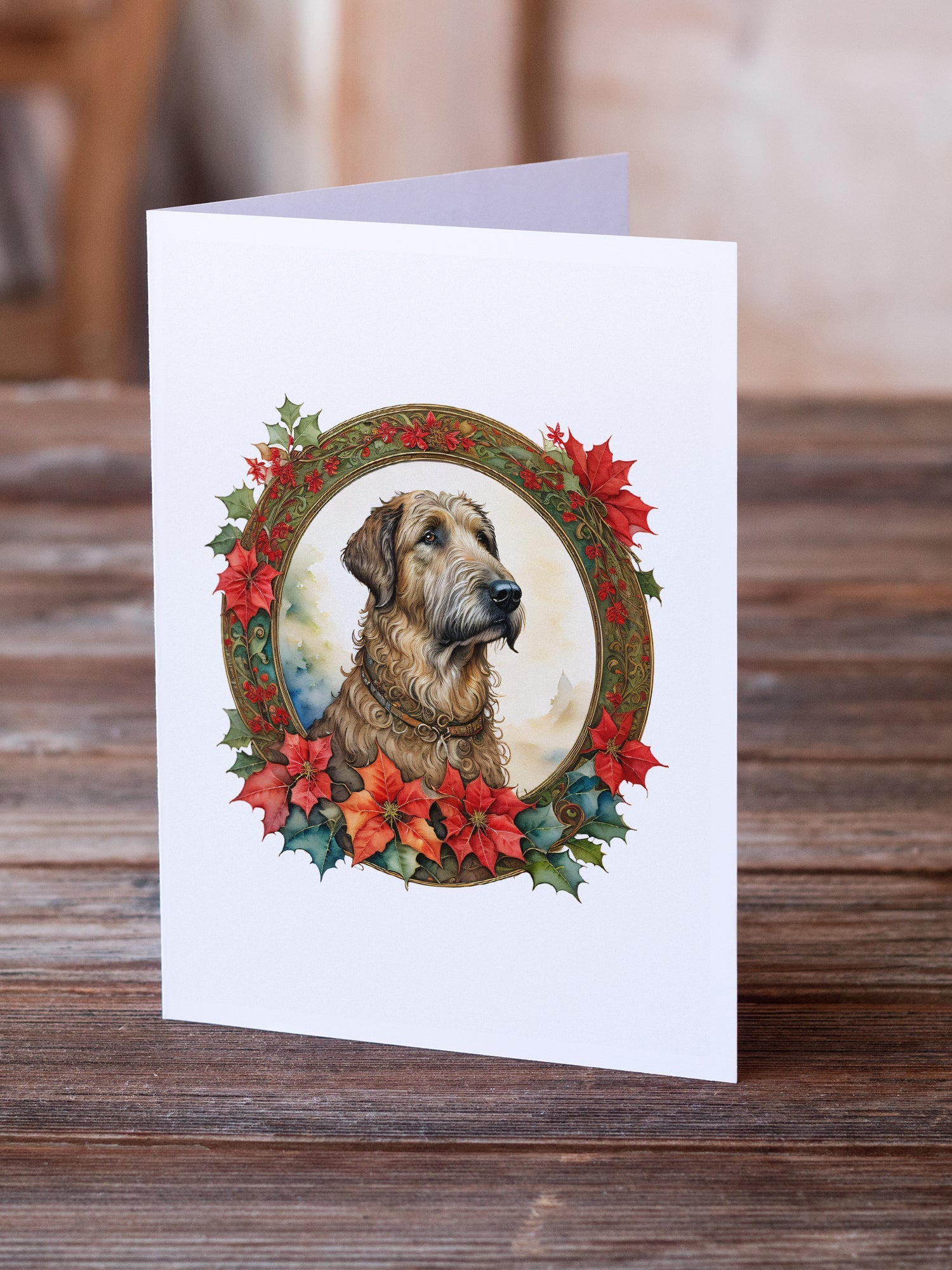 Irish Wolfhound Christmas Flowers Greeting Cards Pack of 8 Blank Cards with Envelopes Whimsical A7 Size 5x7