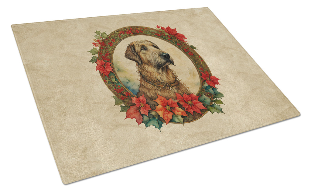 Irish Wolfhound Christmas Flowers Cutting Board Tempered Glass Kitchen Cutting Surface, Heat Resistant Chopping, Non-Slip Feet, Food Prep & Serving