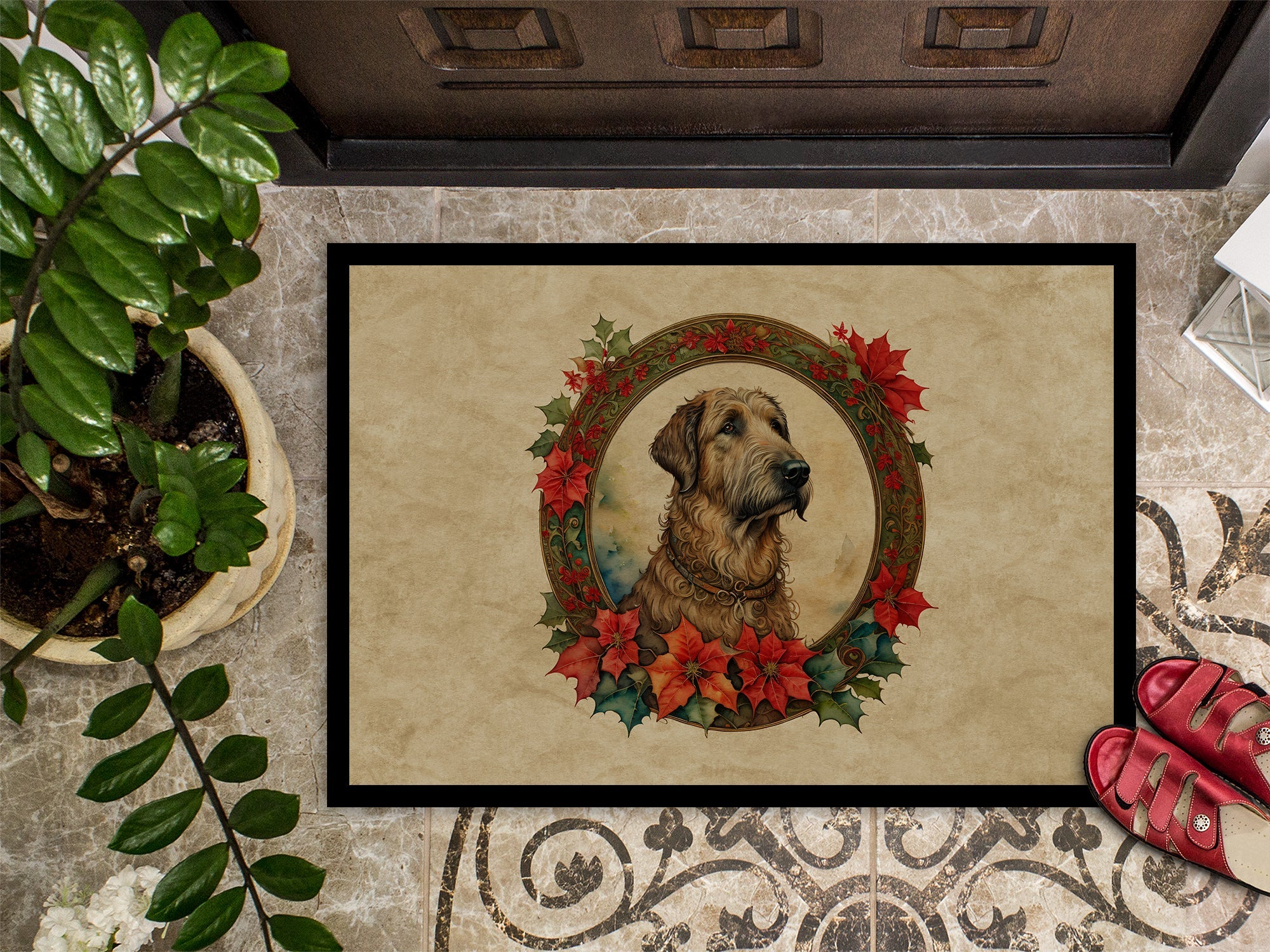 Irish Wolfhound Christmas Flowers Doormat Indoor Outdoor 18H X 27W Front Door Mat Rugs for Entryway, Non Slip Washable