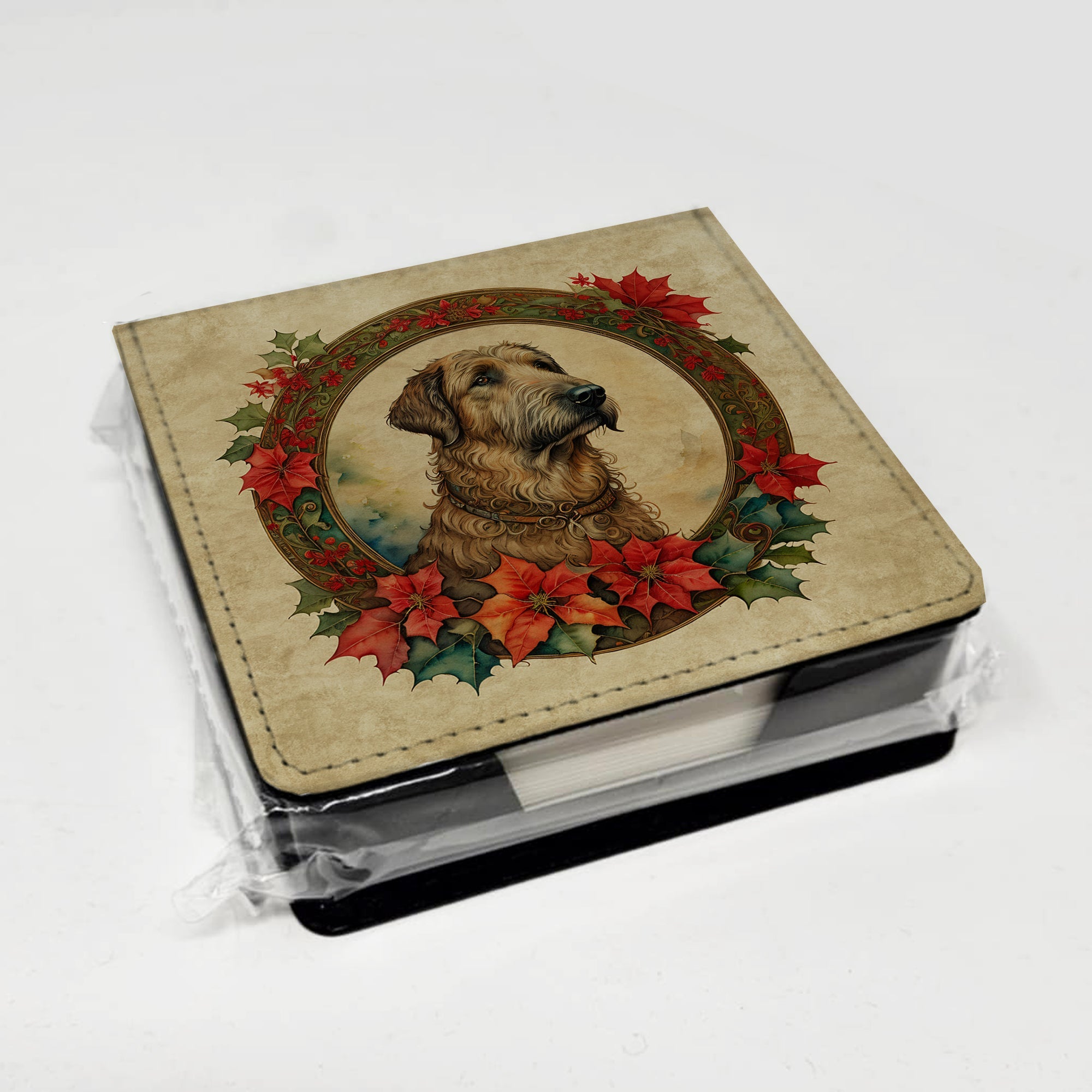 Irish Wolfhound Christmas Flowers PU Leather Note Paper Holder with Artist-Designed Cover, Desk Accessory, Office Gift