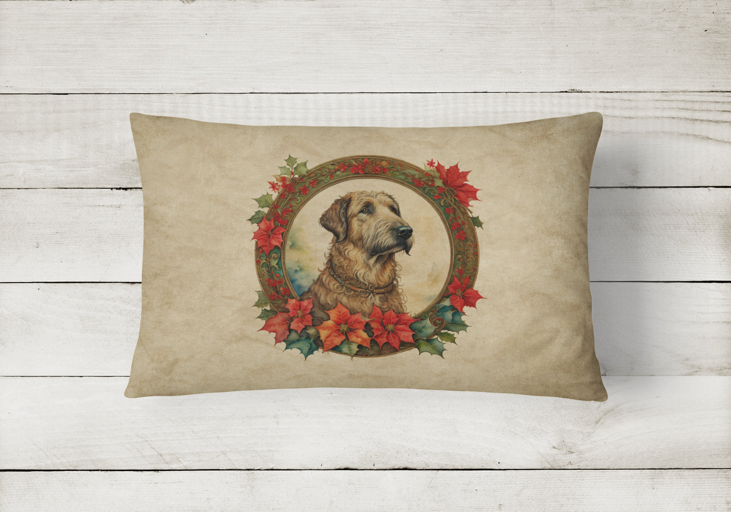 Irish Wolfhound Christmas Flowers Decorative Throw Pillow 12x16 Indoor Outdoor Accent Cushion, Fabric Cover with Insert for Sofa, Bed, Porch & Living Room