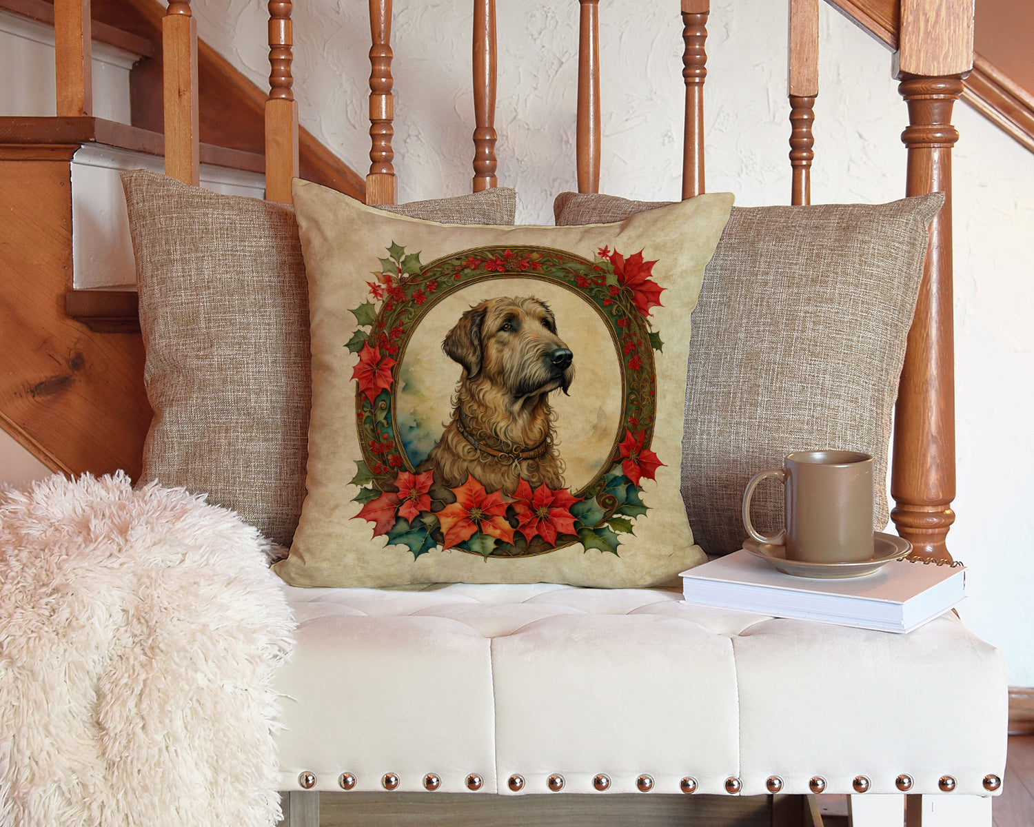 Irish Wolfhound Christmas Flowers Decorative Throw Pillow 14x14 Indoor Outdoor Accent Cushion, Fabric Cover with Insert for Sofa, Bed, Porch & Living Room
