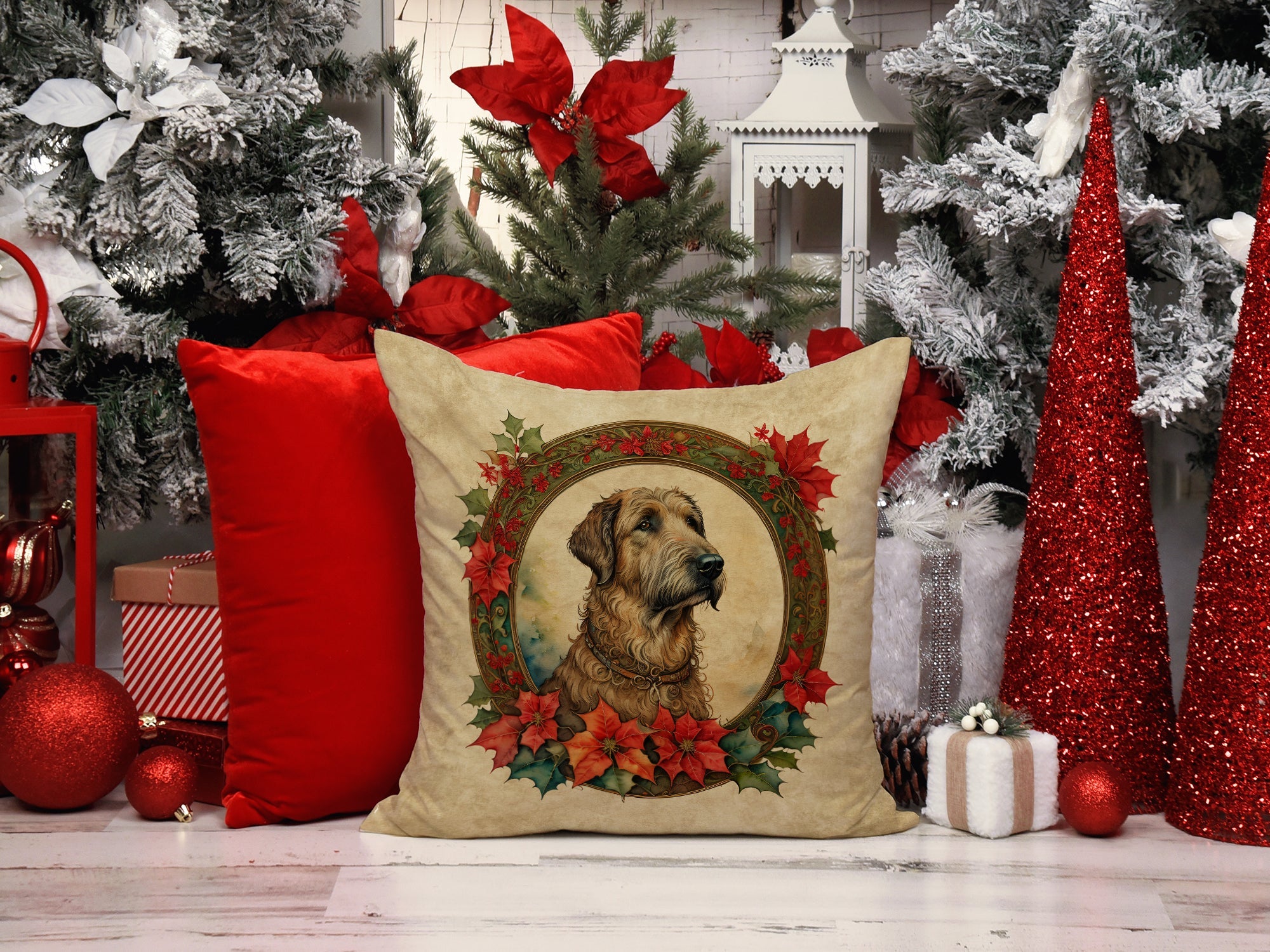 Irish Wolfhound Christmas Flowers Decorative Throw Pillow 18x18 Indoor Outdoor Accent Cushion, Fabric Cover with Insert for Sofa, Bed, Porch & Living Room