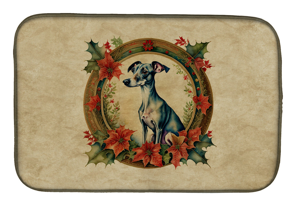 Italian Greyhound Christmas Flowers Dish Drying Mat Absorbent Dish Drying Mat Pad for Kitchen Counter Dish Drainer Mat for Countertop, 14 x 21", Multicolor