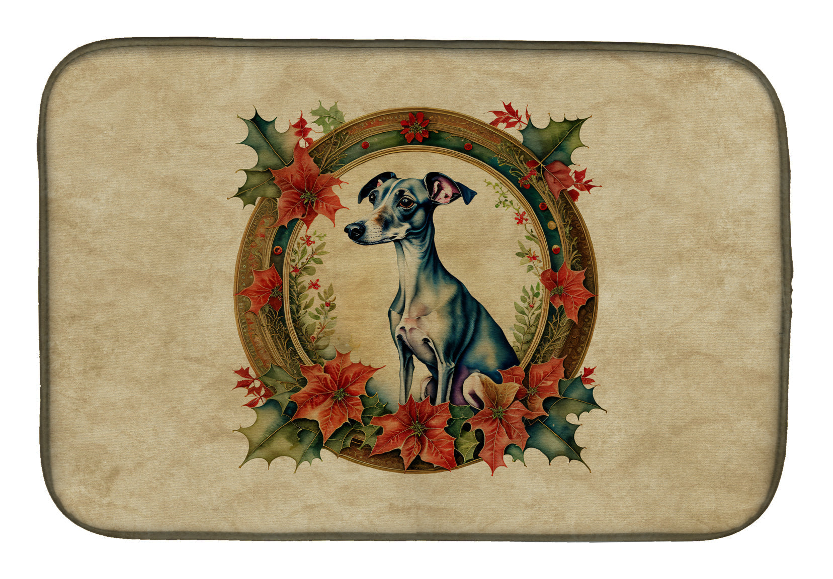 Italian Greyhound Christmas Flowers Dish Drying Mat Absorbent Dish Drying Mat Pad for Kitchen Counter Dish Drainer Mat for Countertop, 14 x 21", Multicolor