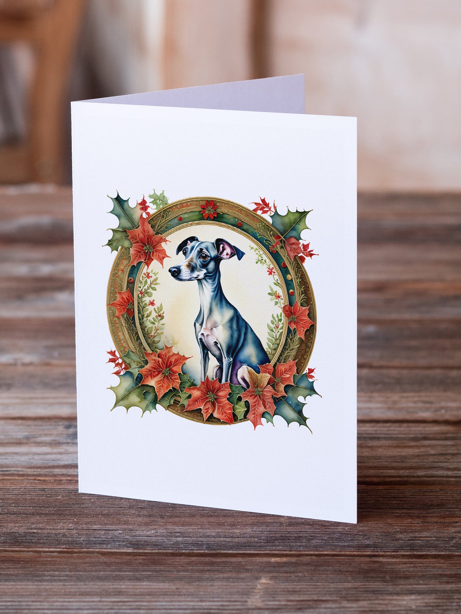 Italian Greyhound Christmas Flowers Greeting Cards Pack of 8 Blank Cards with Envelopes Whimsical A7 Size 5x7