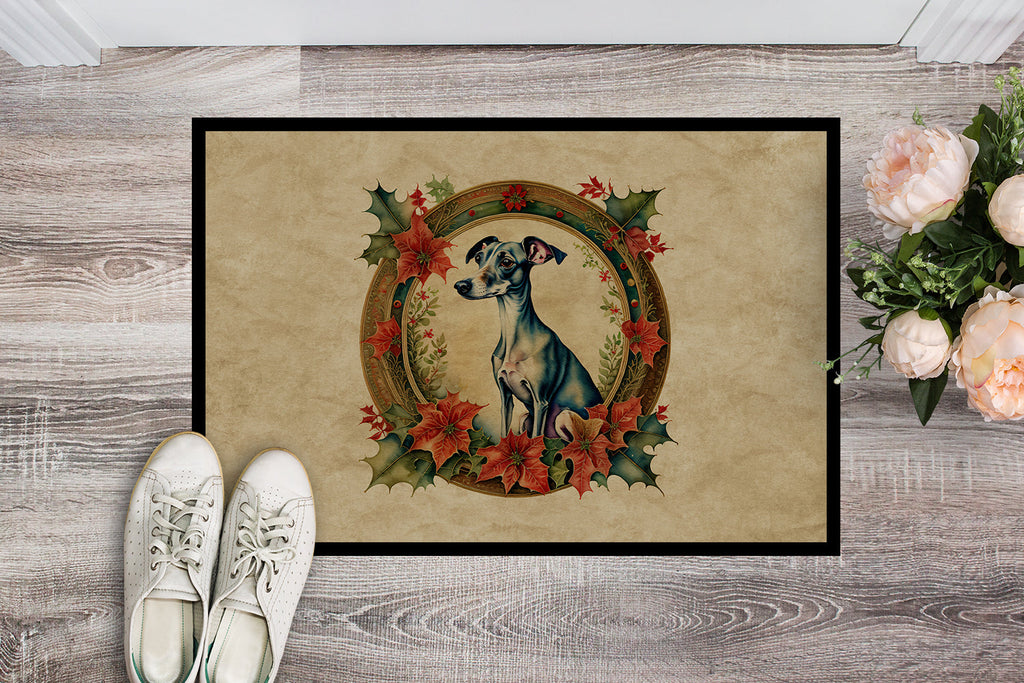 Italian Greyhound Christmas Flowers Doormat Indoor Outdoor 18H X 27W Front Door Mat Rugs for Entryway, Non Slip Washable