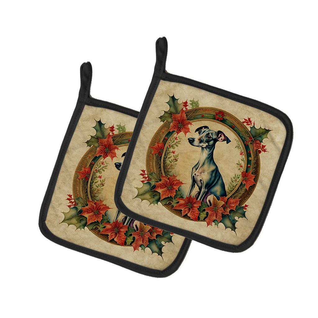 Italian Greyhound Christmas Flowers Pot Holder Set of 2 Heat Resistant Quilted Hot Pads 7.5 x 7.5 Inch, Insulated Kitchen Trivets for Cooking & Baking